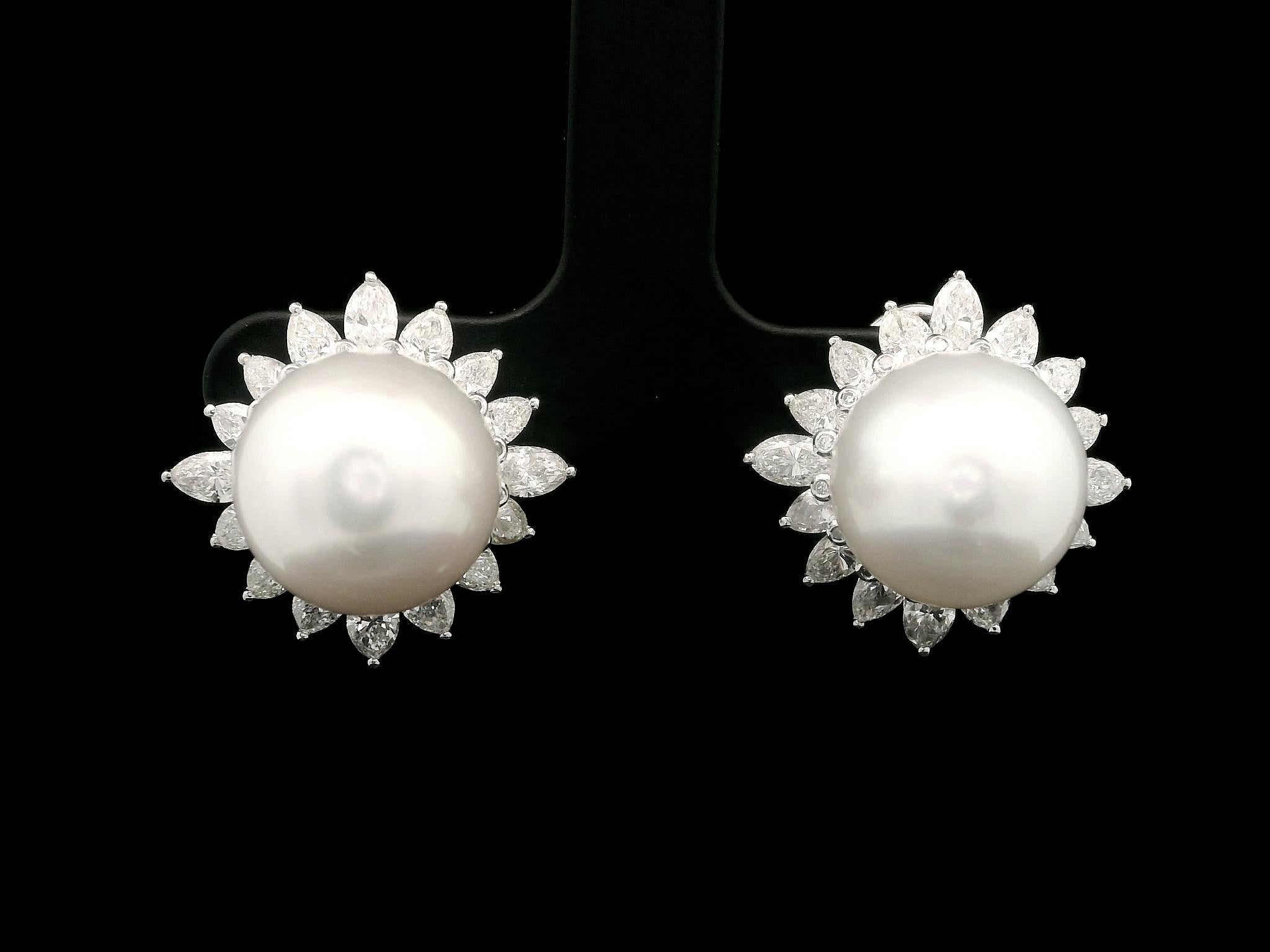 Platinum 12.65mm Pearl 3.20ctw Pear Marquise Diamond Halo Clip On Earrings For Sale 4