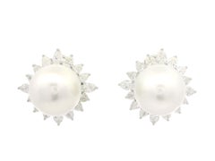 Platinum 12.65mm Pearl 3.20ctw Pear Marquise Diamond Halo Clip On Earrings