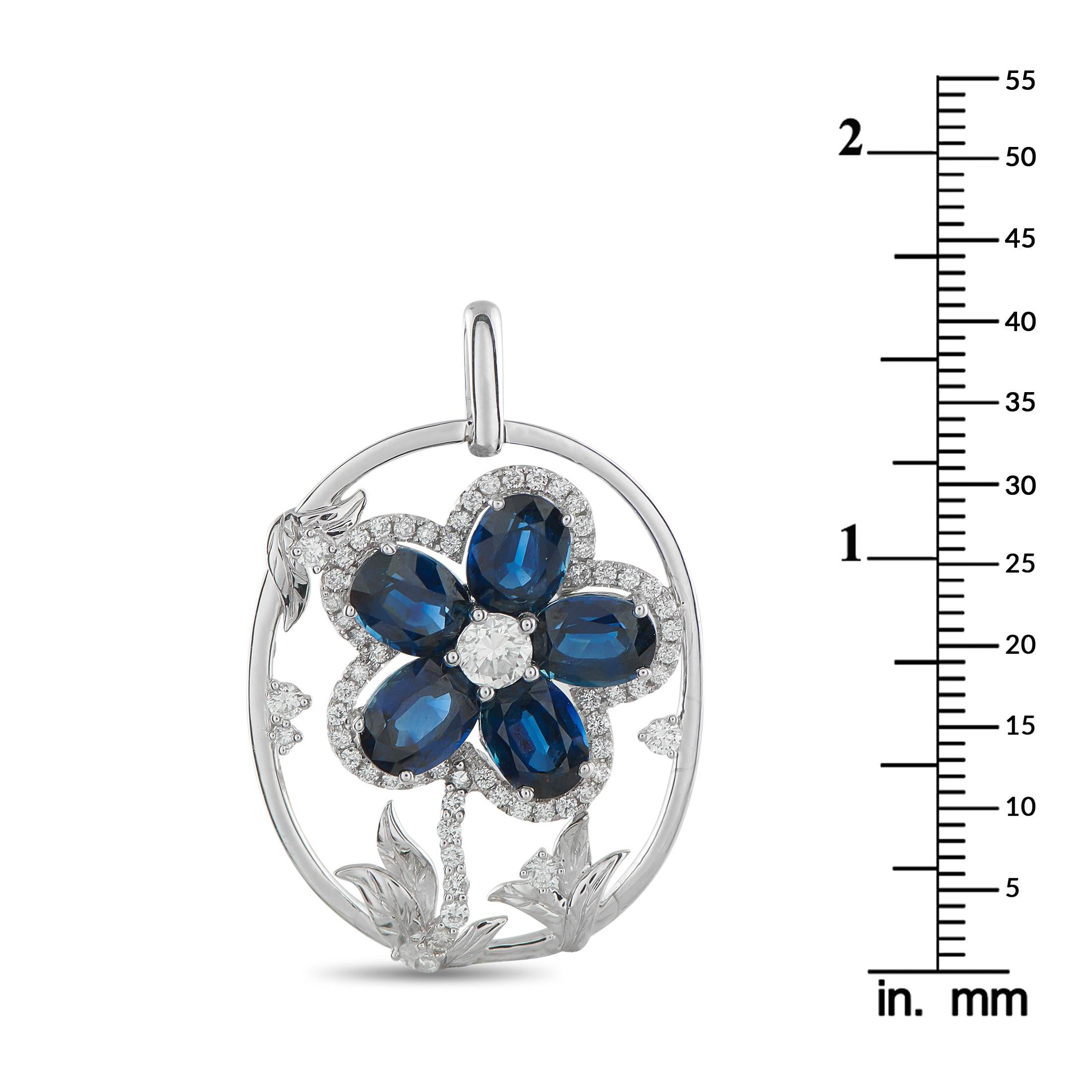 Platinum 1.26ct Diamond and Sapphire Flower Pendant MF28-101025 In Excellent Condition For Sale In Southampton, PA