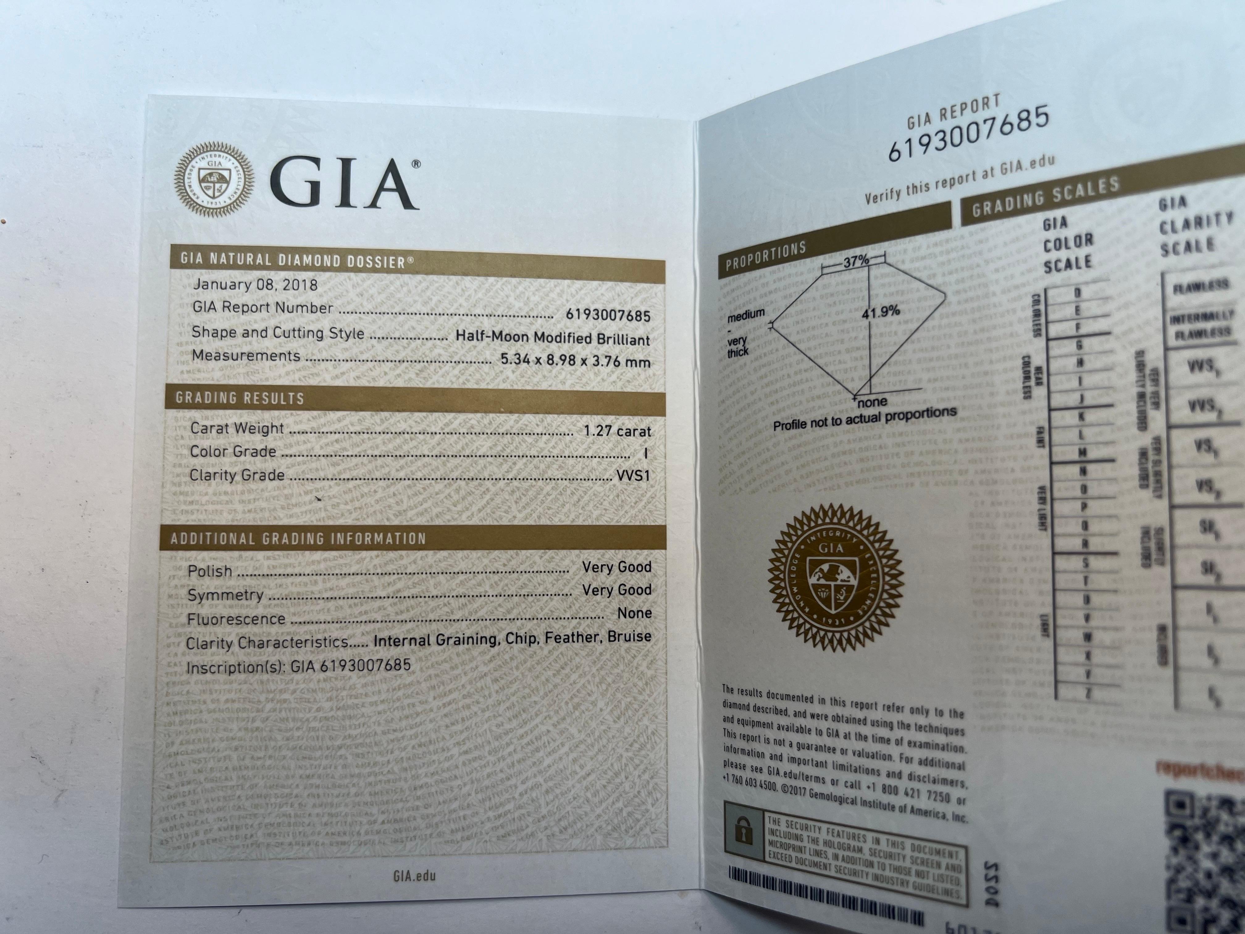 Modern Platinum 1.27 Carat GIA Certified Rare Natural Half Moon Diamond I VVS1 Pendant For Sale
