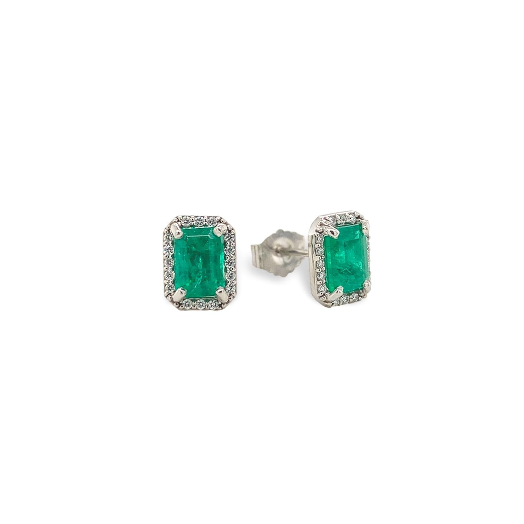 Emerald Cut Platinum 1.28cttw Fine Emerald and Diamond Stud Earrings For Sale