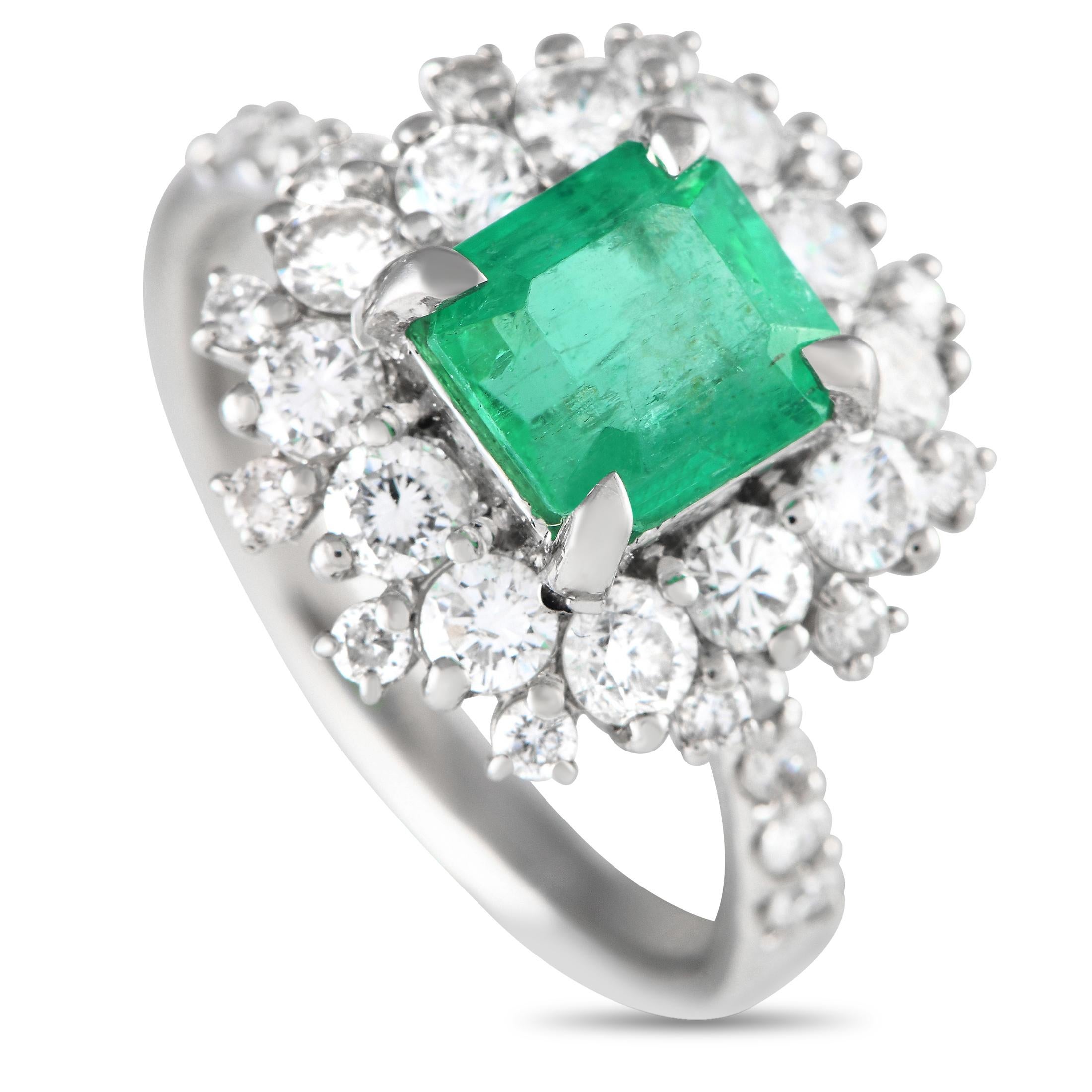 Platinum 1.29ct Diamond and Emerald Ring  In Excellent Condition For Sale In Southampton, PA