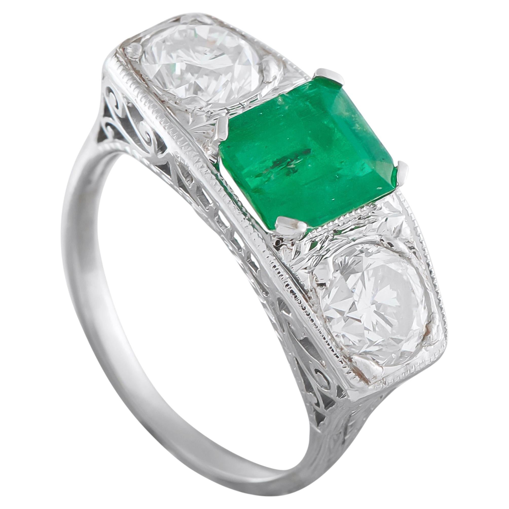 Platinum 1.30ct Diamond and Emerald Ring MF18-030226 For Sale