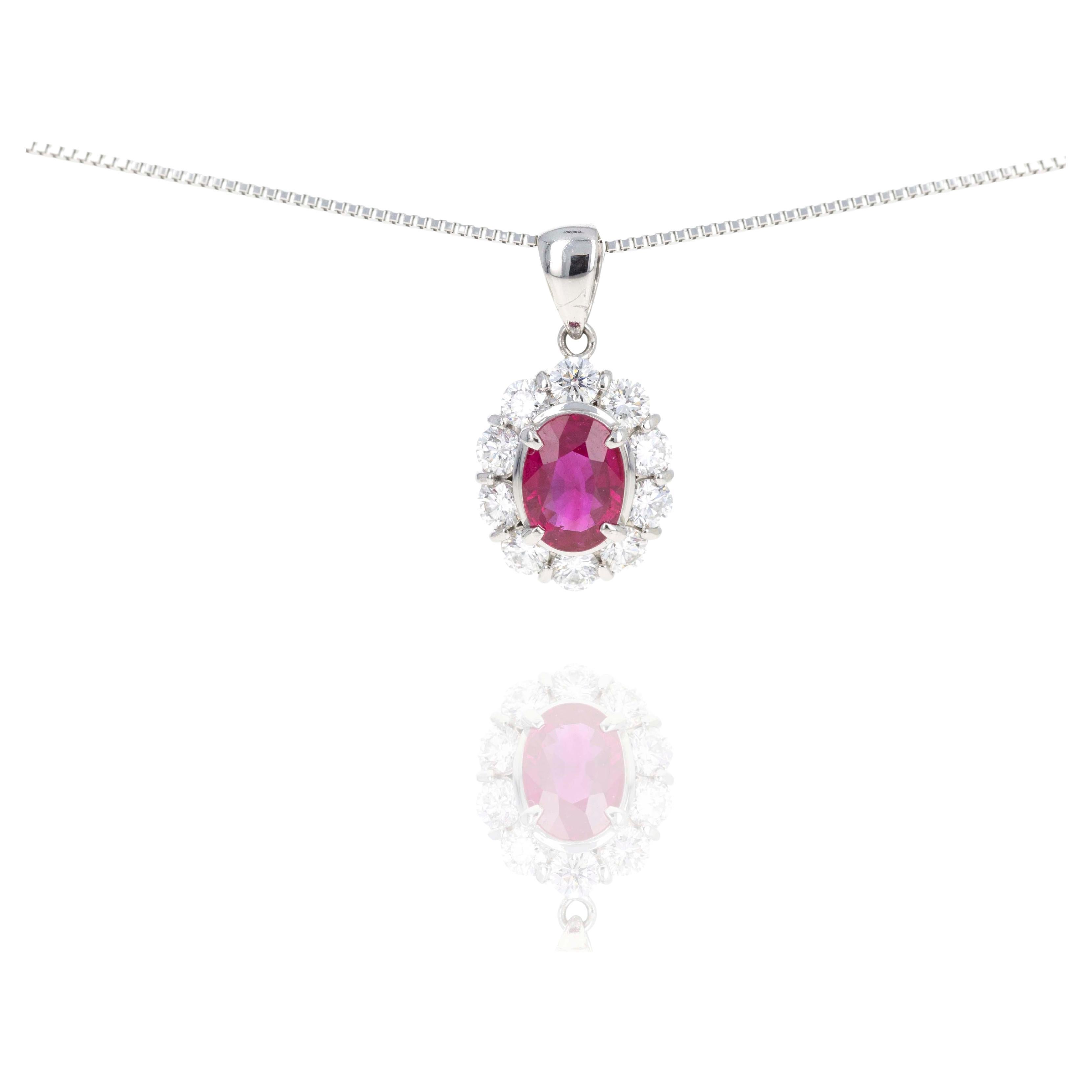 Platinum 1.31 Carat Ruby Diamond Halo Pendant Necklace