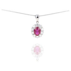 Platinum 1.31 Carat Ruby Diamond Halo Pendant Necklace