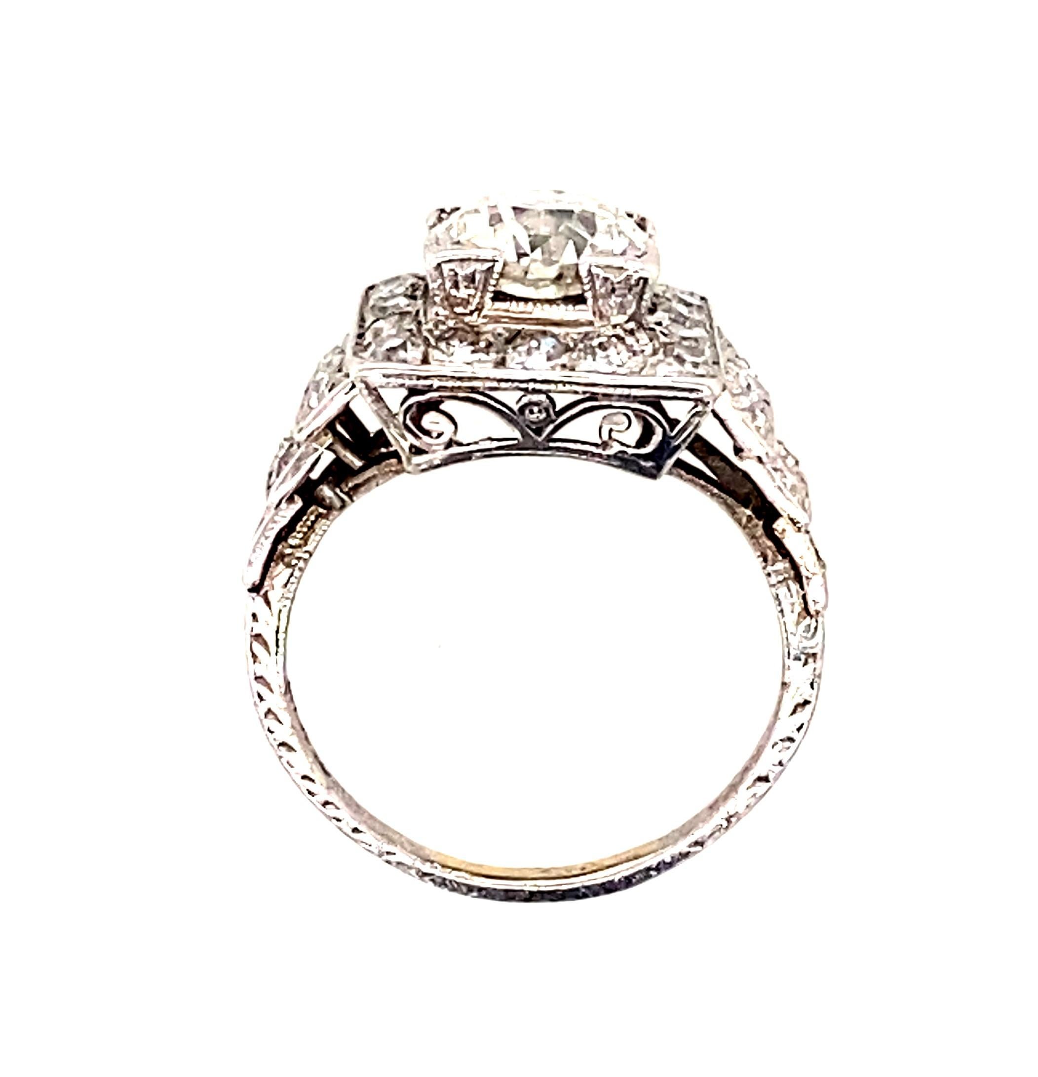 Women's or Men's Art Deco 1.32 Carat Center Old European Cut Diamond Platinum Engagement Ring For Sale
