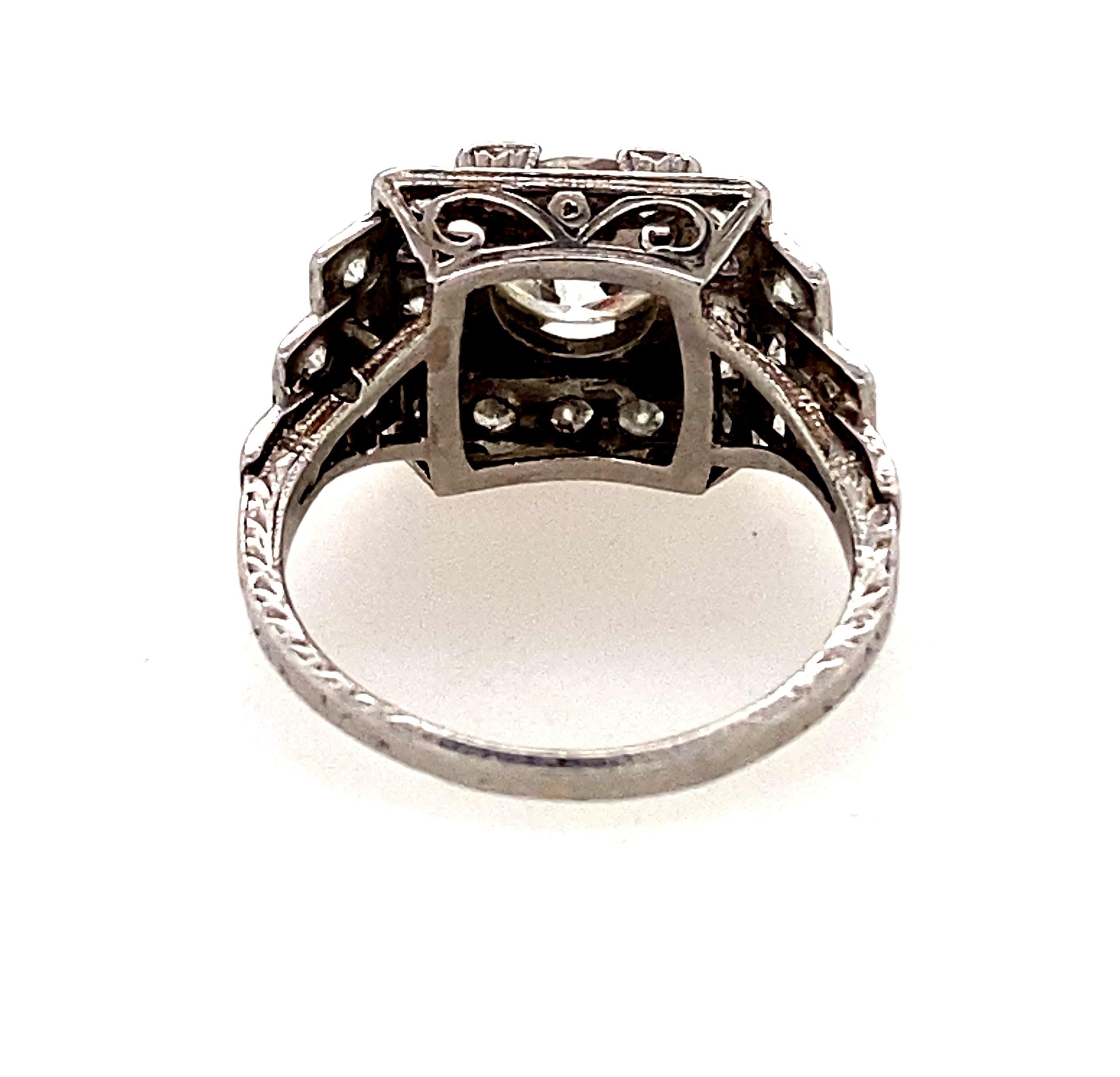 Art Deco 1.32 Carat Center Old European Cut Diamond Platinum Engagement Ring For Sale 1