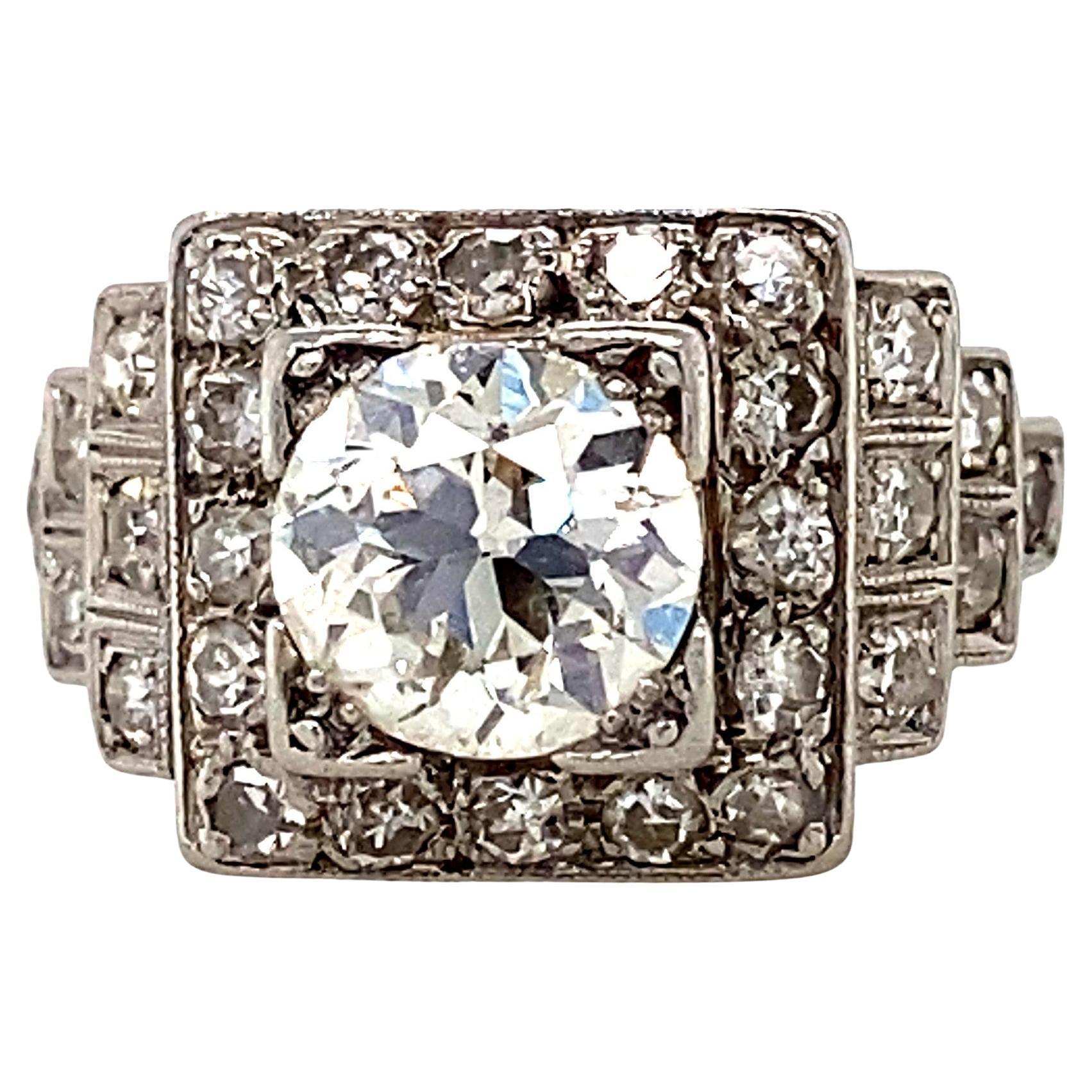 Art Deco 1.32 Carat Center Old European Cut Diamond Platinum Engagement Ring