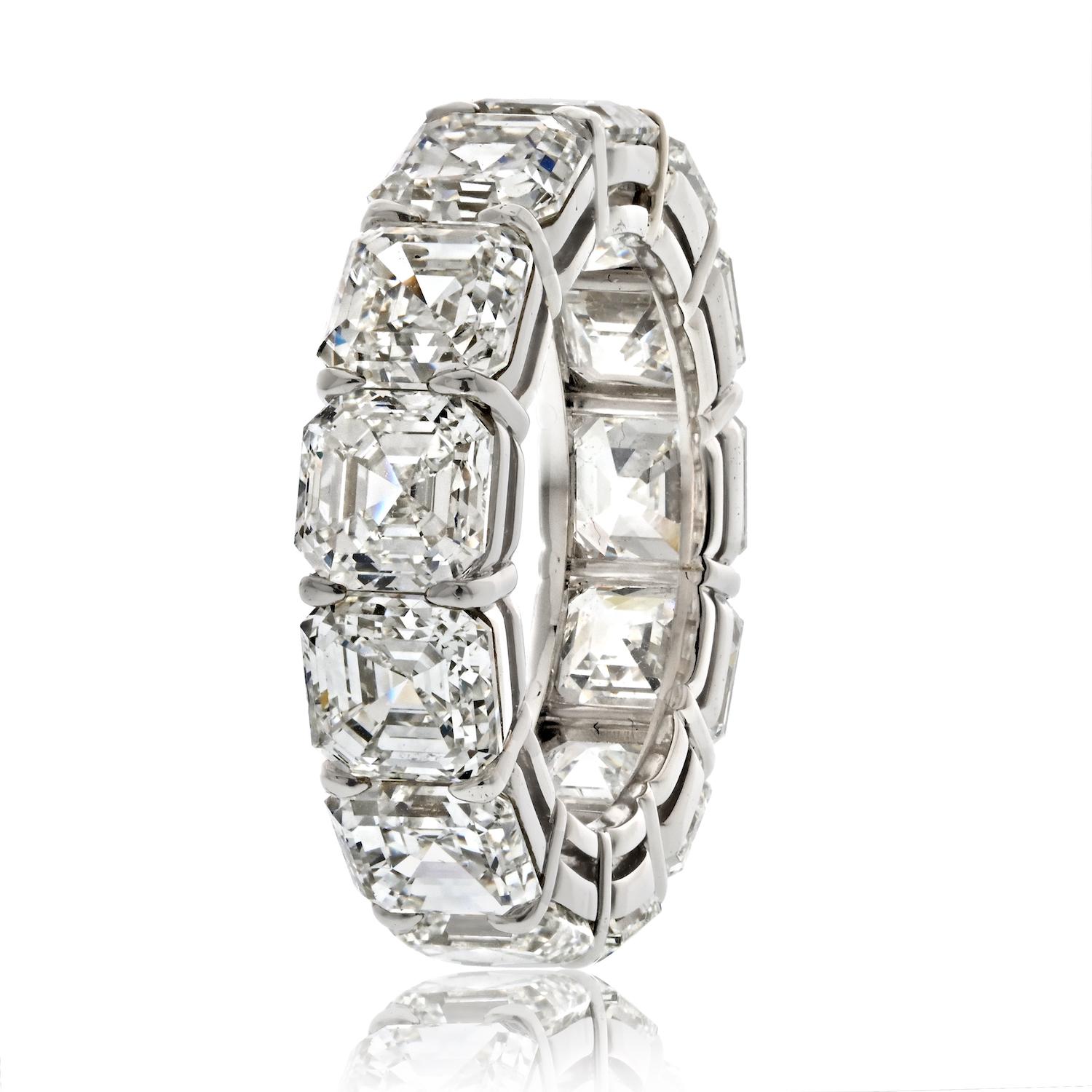 Elegance personified, this platinum eternity band is a true masterpiece. Adorned with a total of 13 exquisite asscher cut diamonds (13.32cttw), each certified by GIA (Gemological Institute of America), this ring is a symbol of sheer luxury. 

The