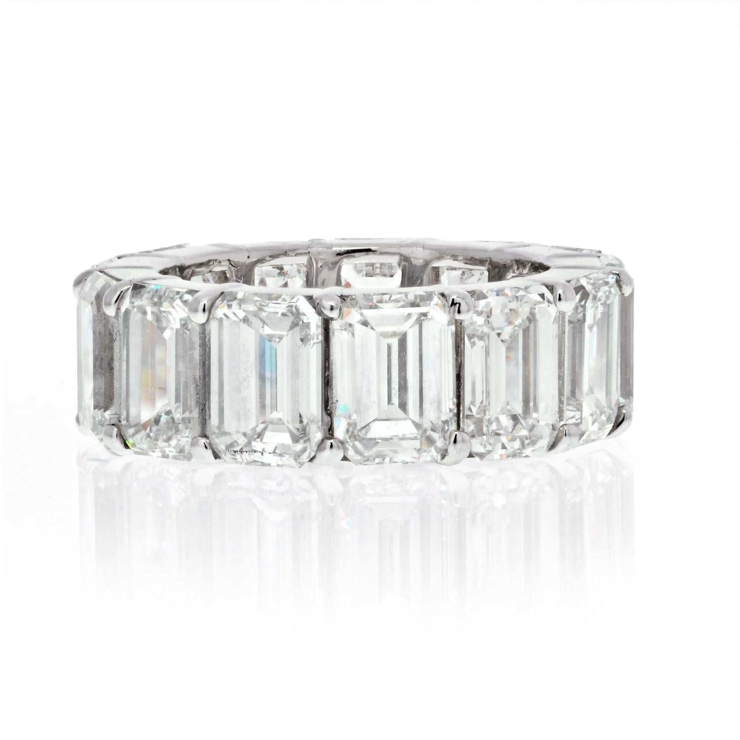 This is a very important diamond eternity band crafted in platinum mounted with 13 Emerald Cut diamonds. Total carat weight of the ring: 13.38cts.
Each diamond is GIA certified with it's own individual certificate. Each diamond is over 1 carat in