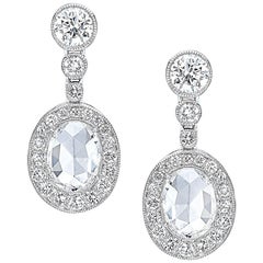 Platinum 1.34 Oval Rose Cut Diamond Hanging Earrings