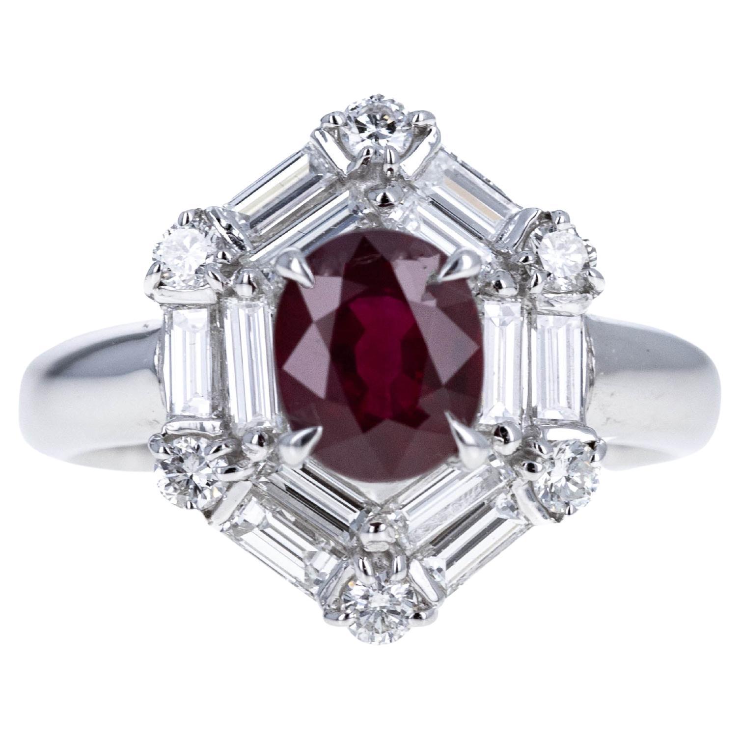 Platinum 1.35 Carat Pigeons Blood Ruby Diamond Hexagon Ring