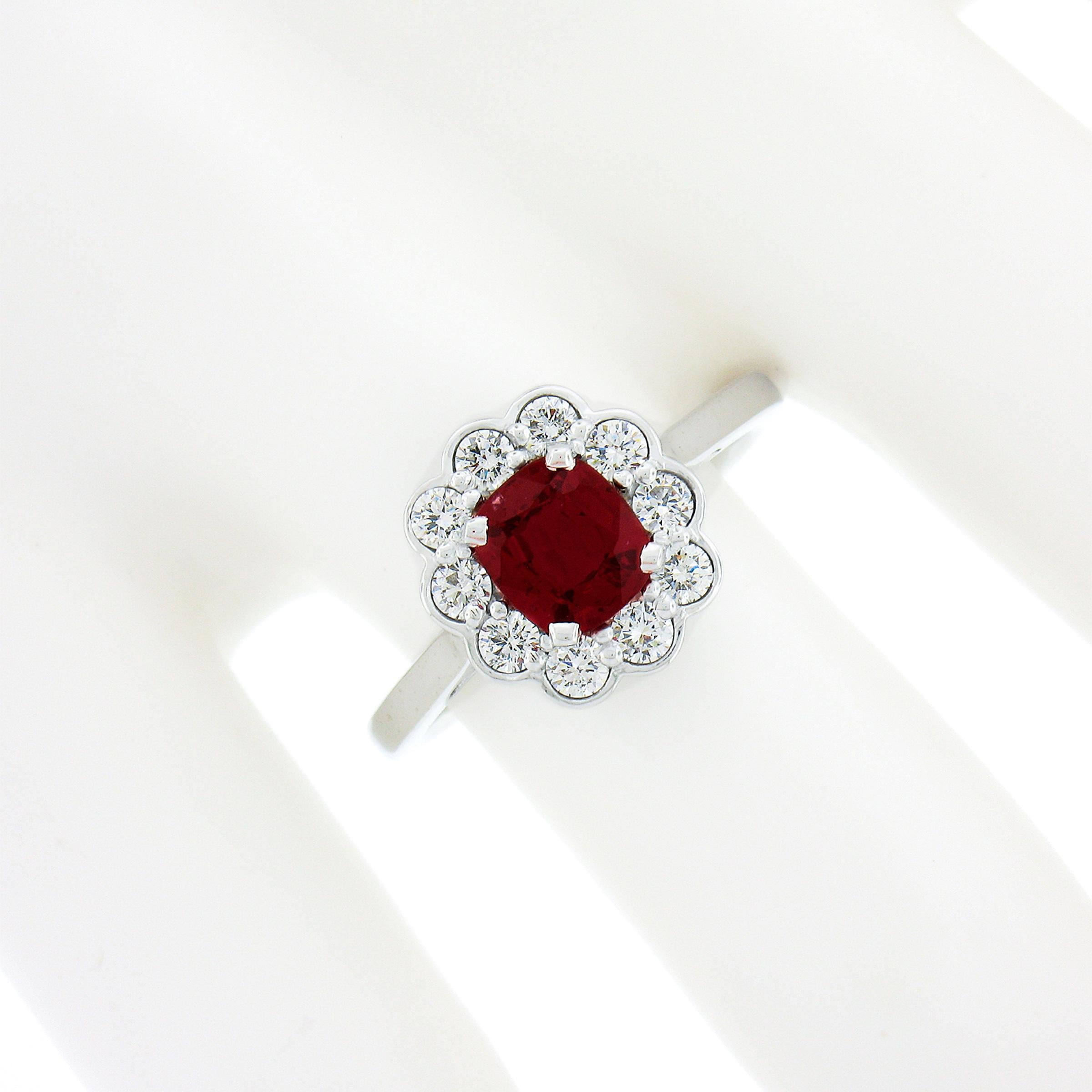 Platinum 1.35ctw GIA BURMA NO HEAT Cushion VIVID RED Spinel Diamond Halo Ring In New Condition For Sale In Montclair, NJ