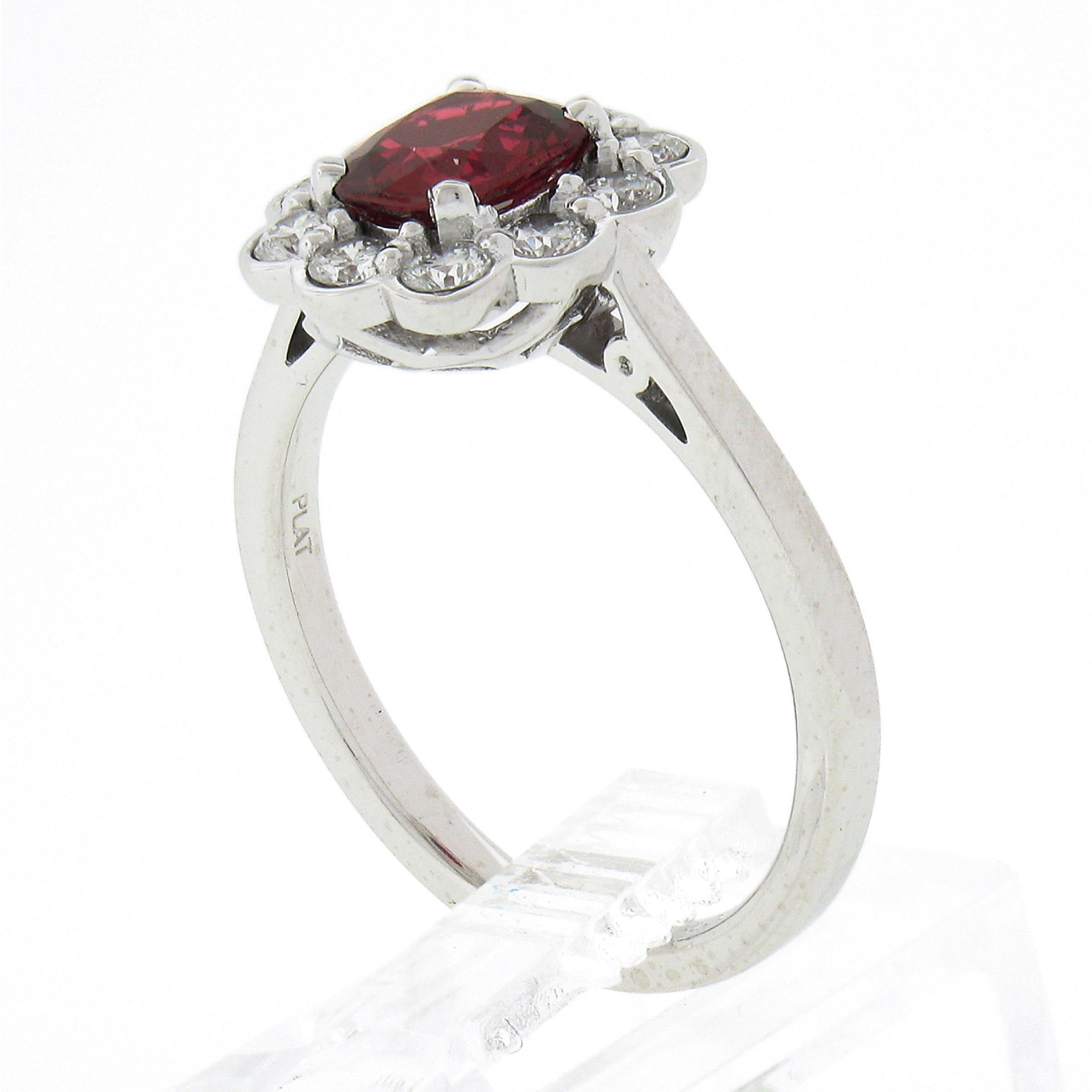 Platinum 1.35ctw GIA BURMA NO HEAT Cushion VIVID RED Spinel Diamond Halo Ring For Sale 4