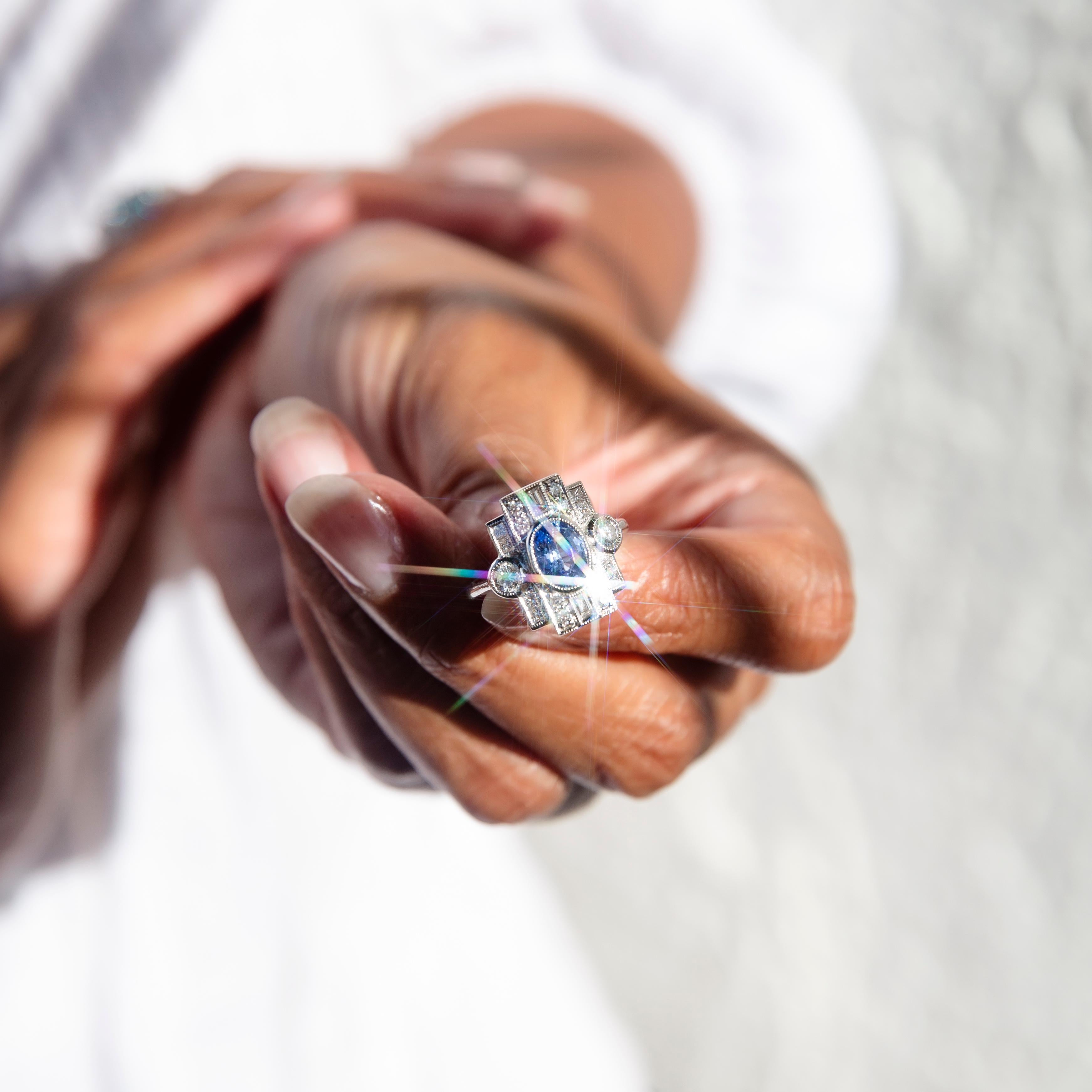 Platinum 1.36 Carat Ceylon Type Blue Sapphire & 0.71 Carat Diamond Art Deco Ring 6