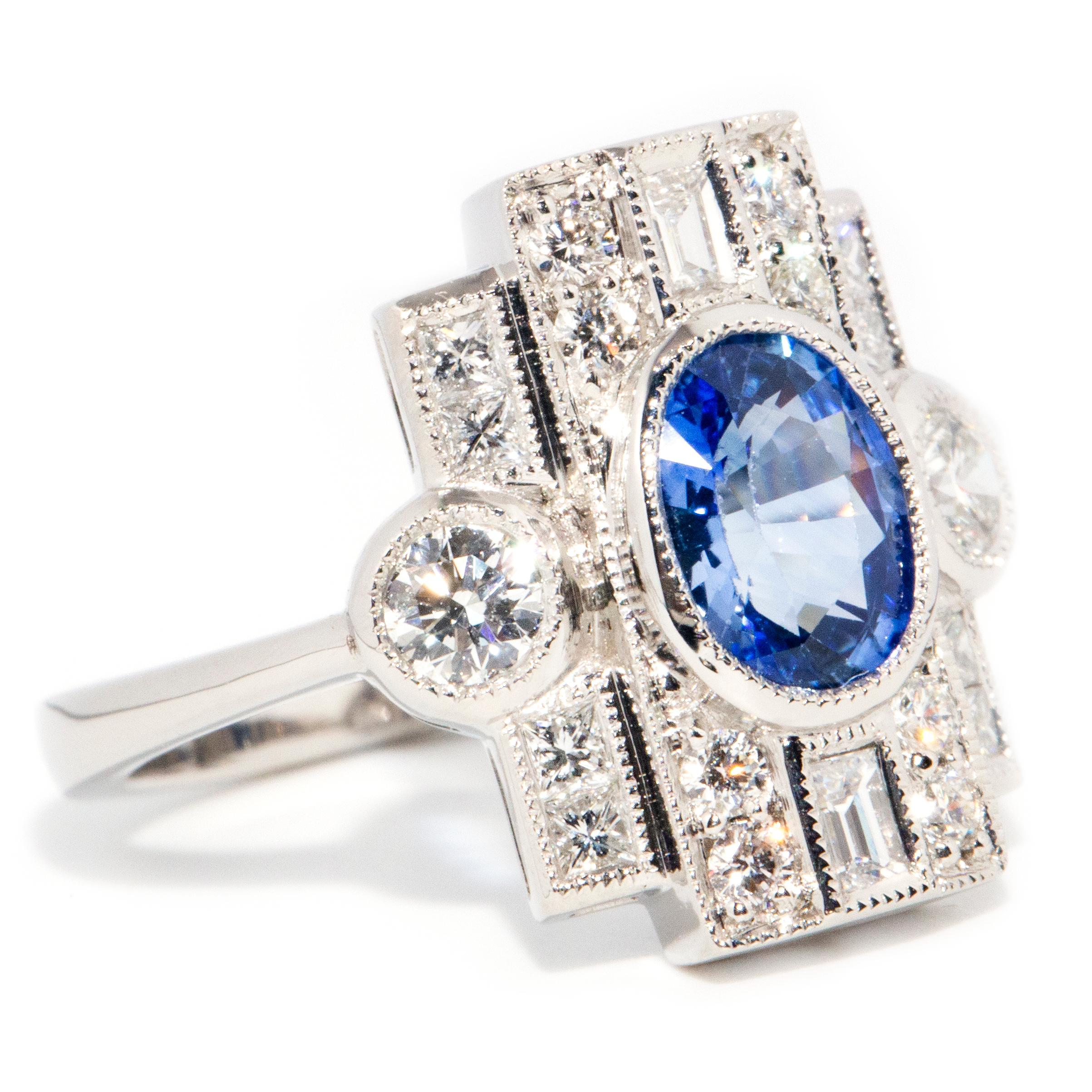 Contemporary Platinum 1.36 Carat Ceylon Type Blue Sapphire & 0.71 Carat Diamond Art Deco Ring