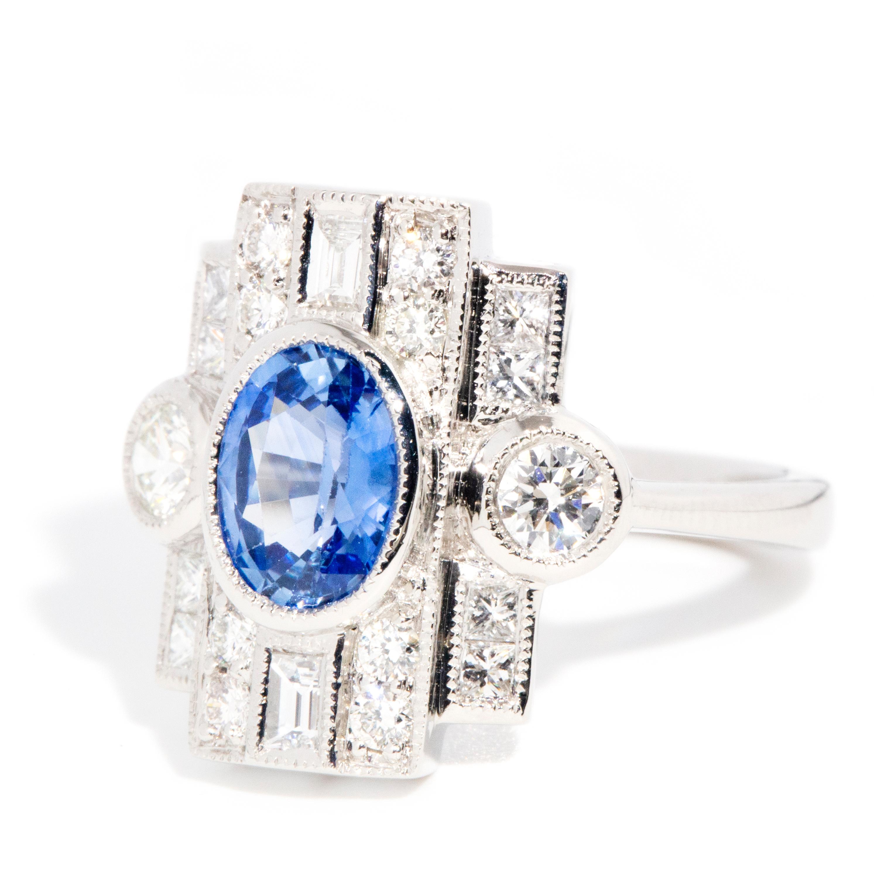 Platinum 1.36 Carat Ceylon Type Blue Sapphire & 0.71 Carat Diamond Art Deco Ring In New Condition In Hamilton, AU