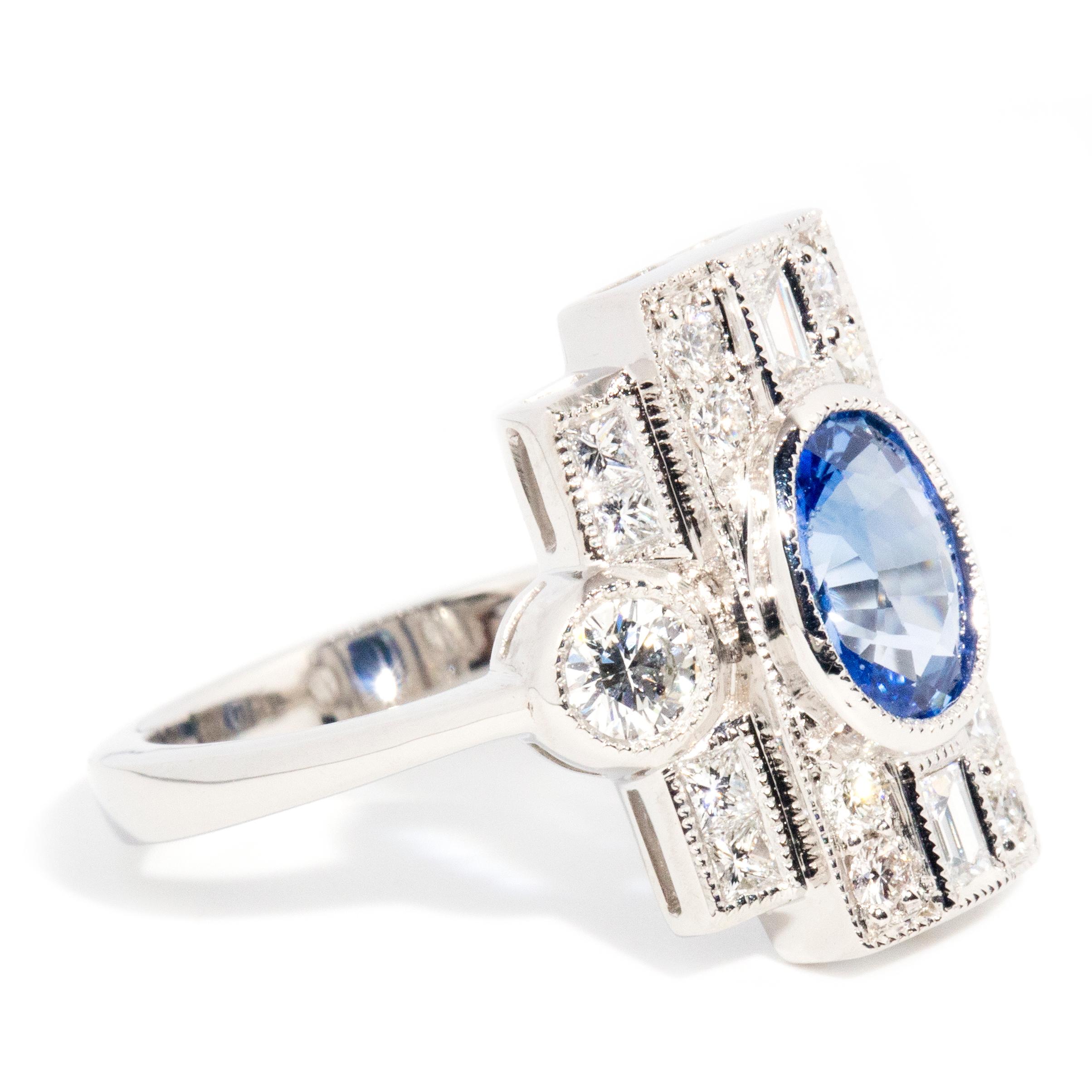 Platinum 1.36 Carat Ceylon Type Blue Sapphire & 0.71 Carat Diamond Art Deco Ring 1