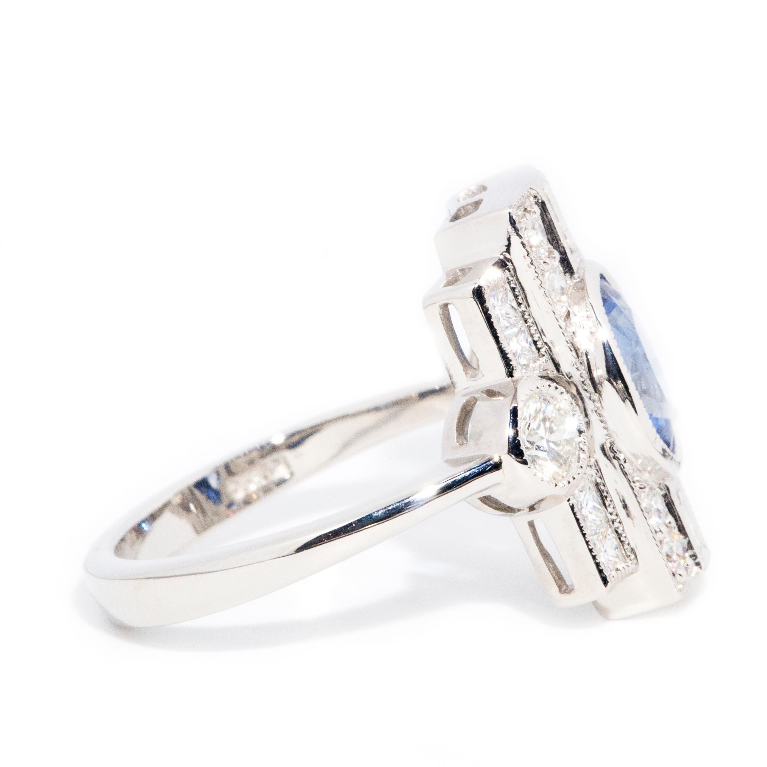 Platinum 1.36 Carat Ceylon Type Blue Sapphire & 0.71 Carat Diamond Art Deco Ring 3