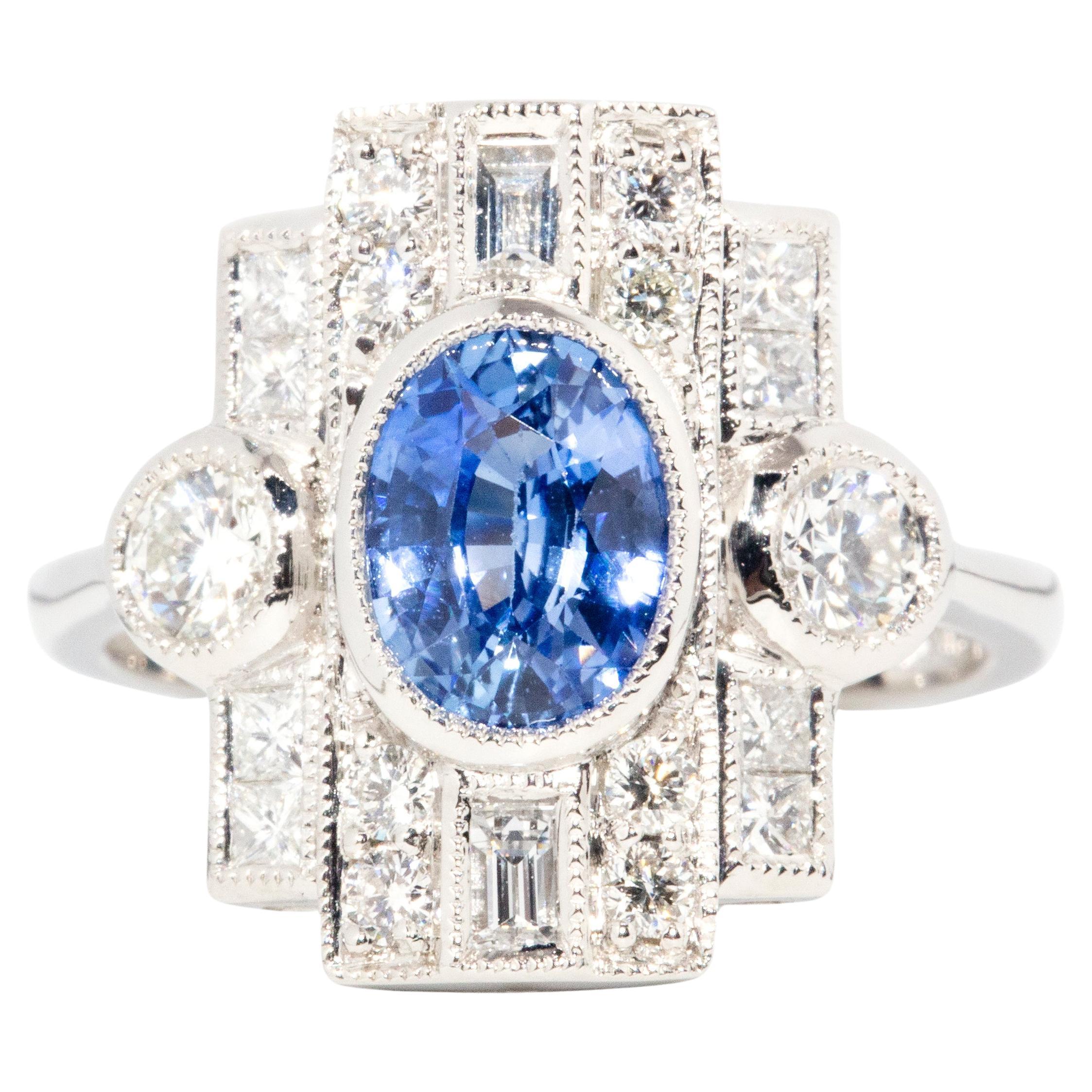 Platinum 1.36 Carat Ceylon Type Blue Sapphire & 0.71 Carat Diamond Art Deco Ring