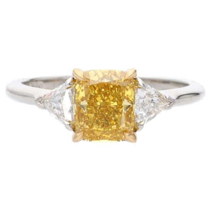 GIA Certified 1.36 Cts Cushion Cut Fancy Intense Orangy Yellow Diamond Ring  For Sale