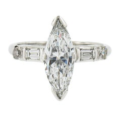 Platinum 1.36ctw GIA LONG UNIQUE Marquise Cut Diamond w/ Accents Engagement Ring