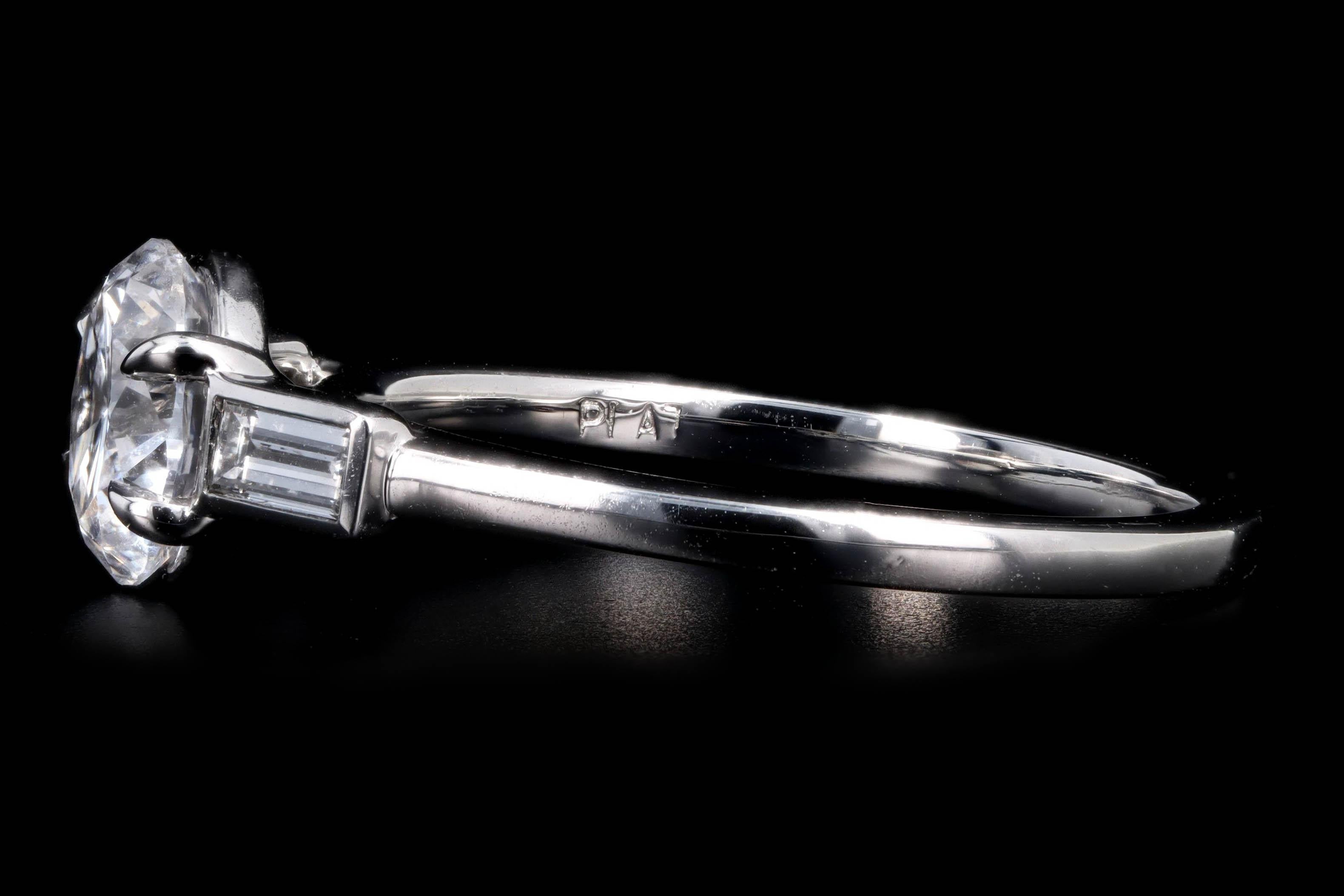 Art Deco Platinum 1.37 Carat Round Brilliant Diamond Baguette Three Stone Engagement Ring