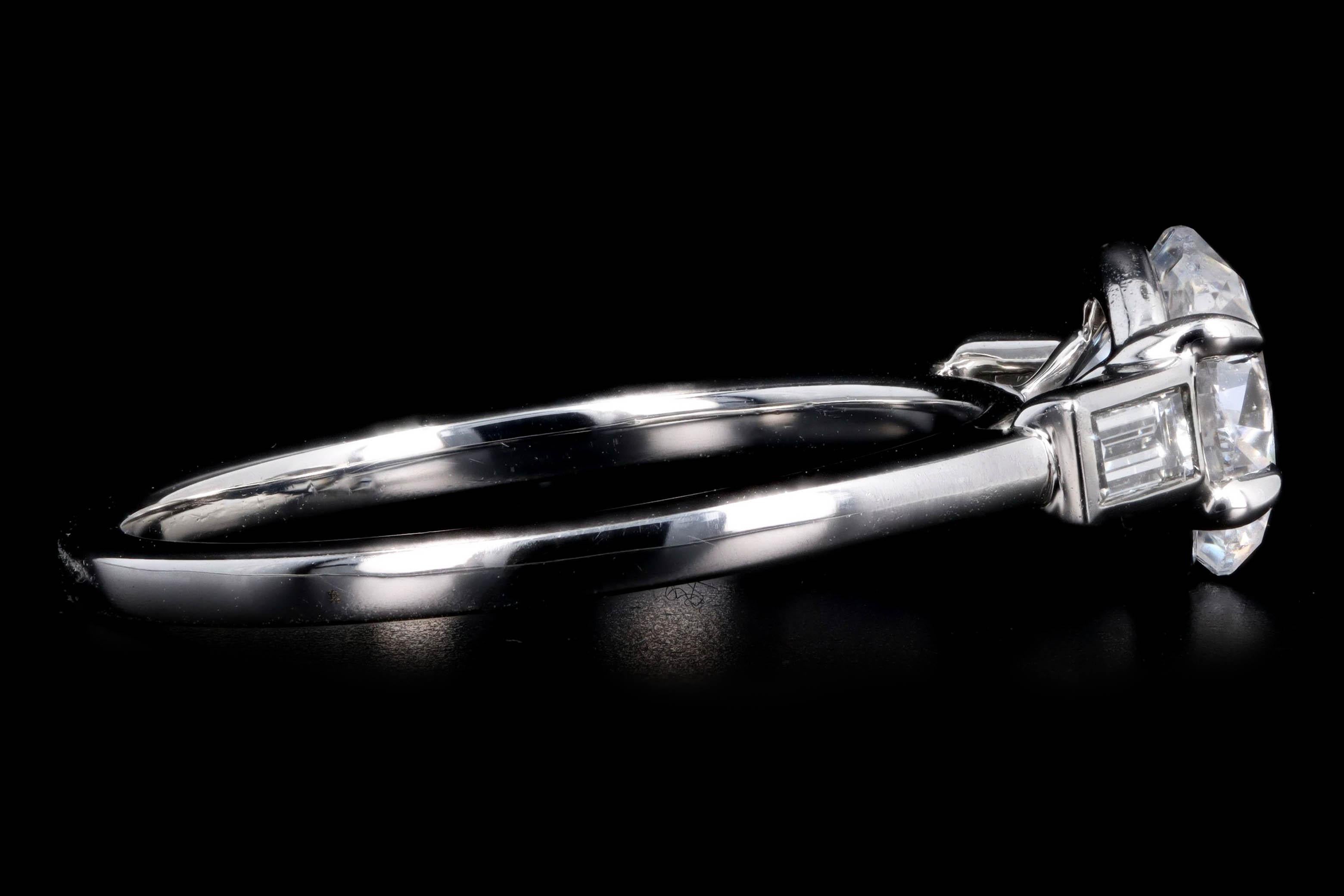 Platinum 1.37 Carat Round Brilliant Diamond Baguette Three Stone Engagement Ring In New Condition In Cape May, NJ