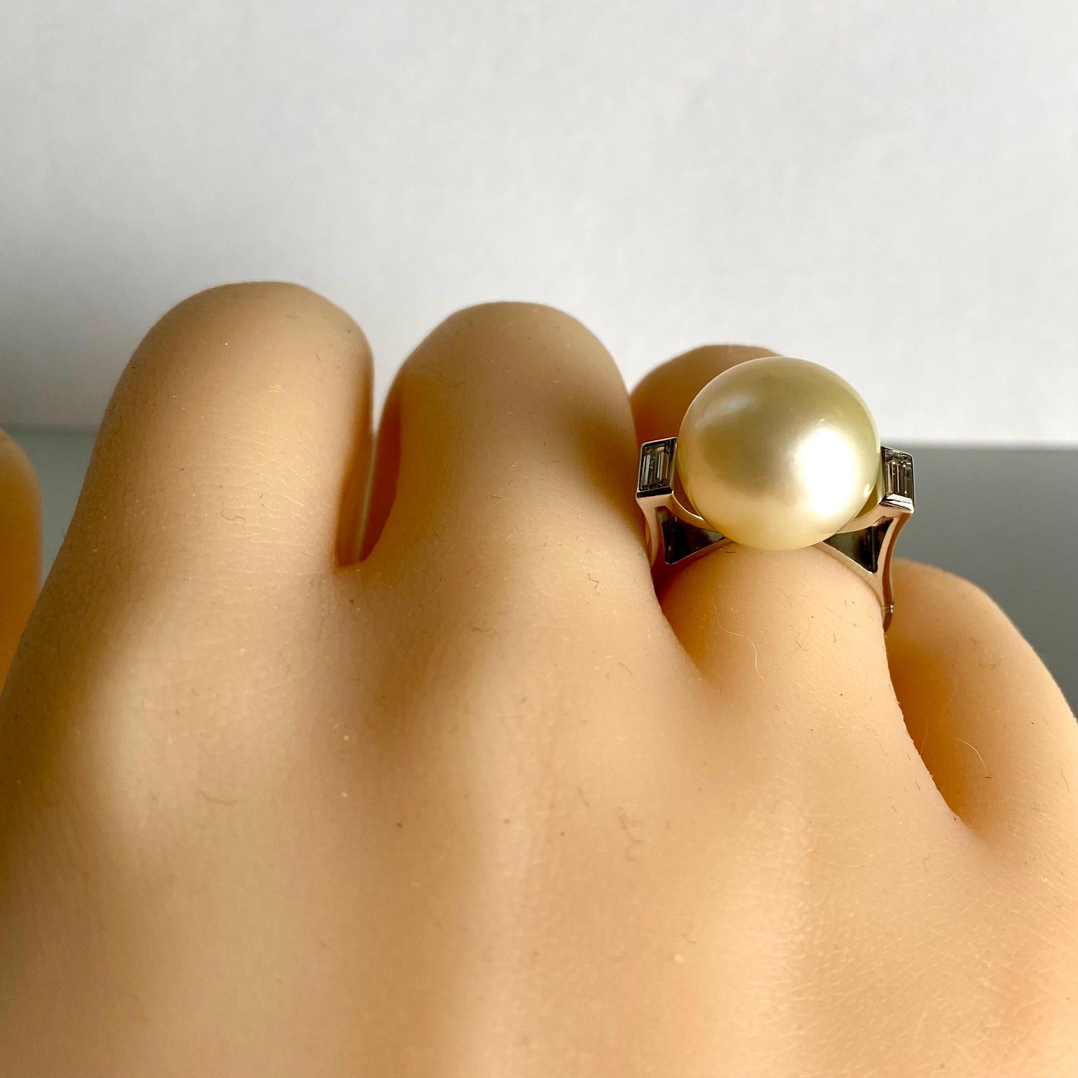 Platinum 13mm South Sea Pearl and Baguette Diamond Cocktail Ring 1