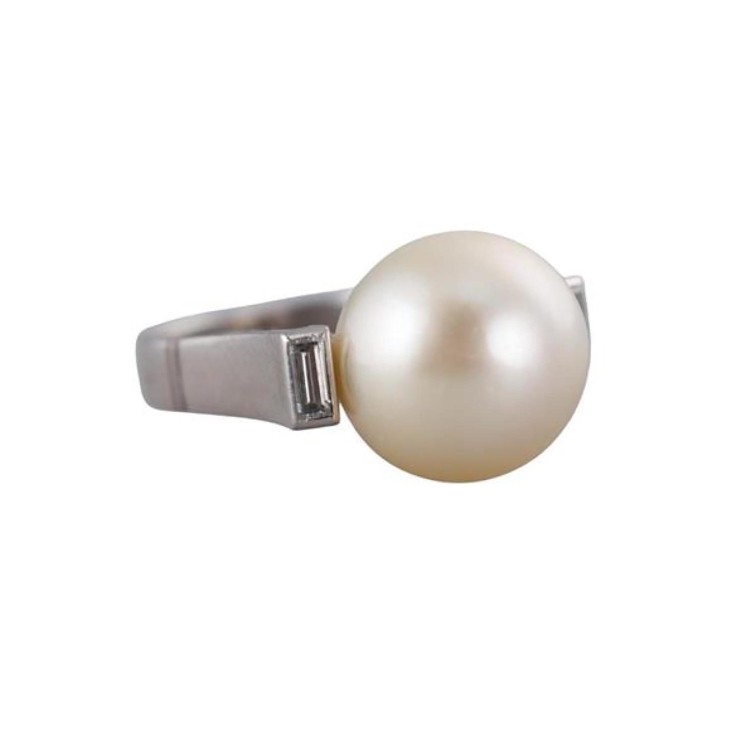 Platinum 13mm South Sea Pearl and Baguette Diamond Cocktail Ring 6