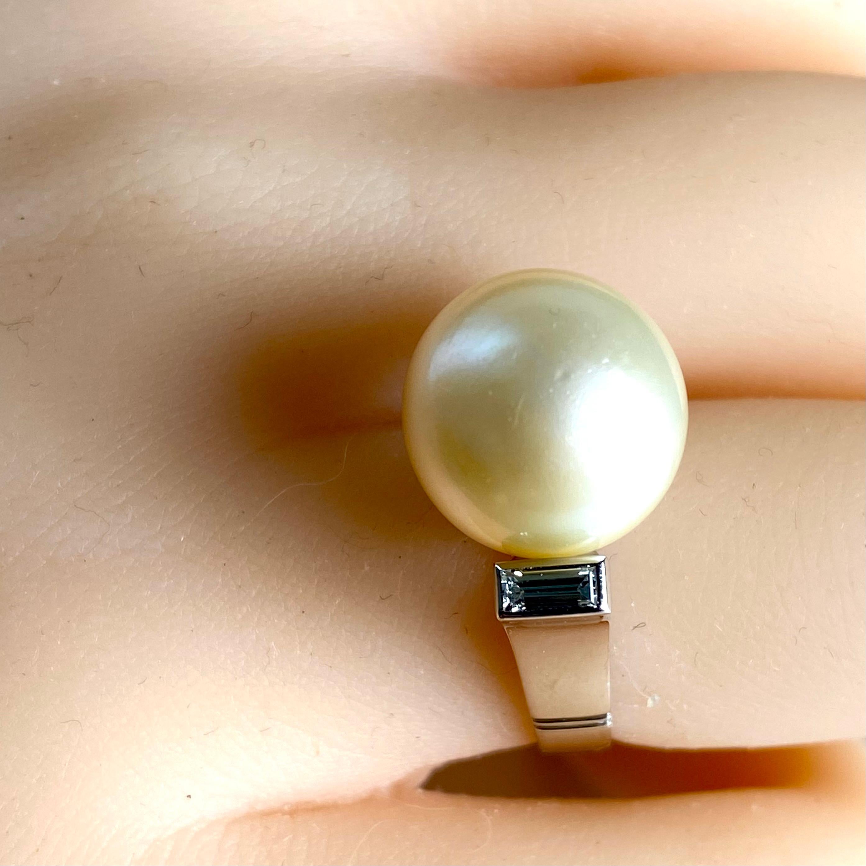 Platinum 13mm South Sea Pearl and Baguette Diamond Cocktail Ring 7