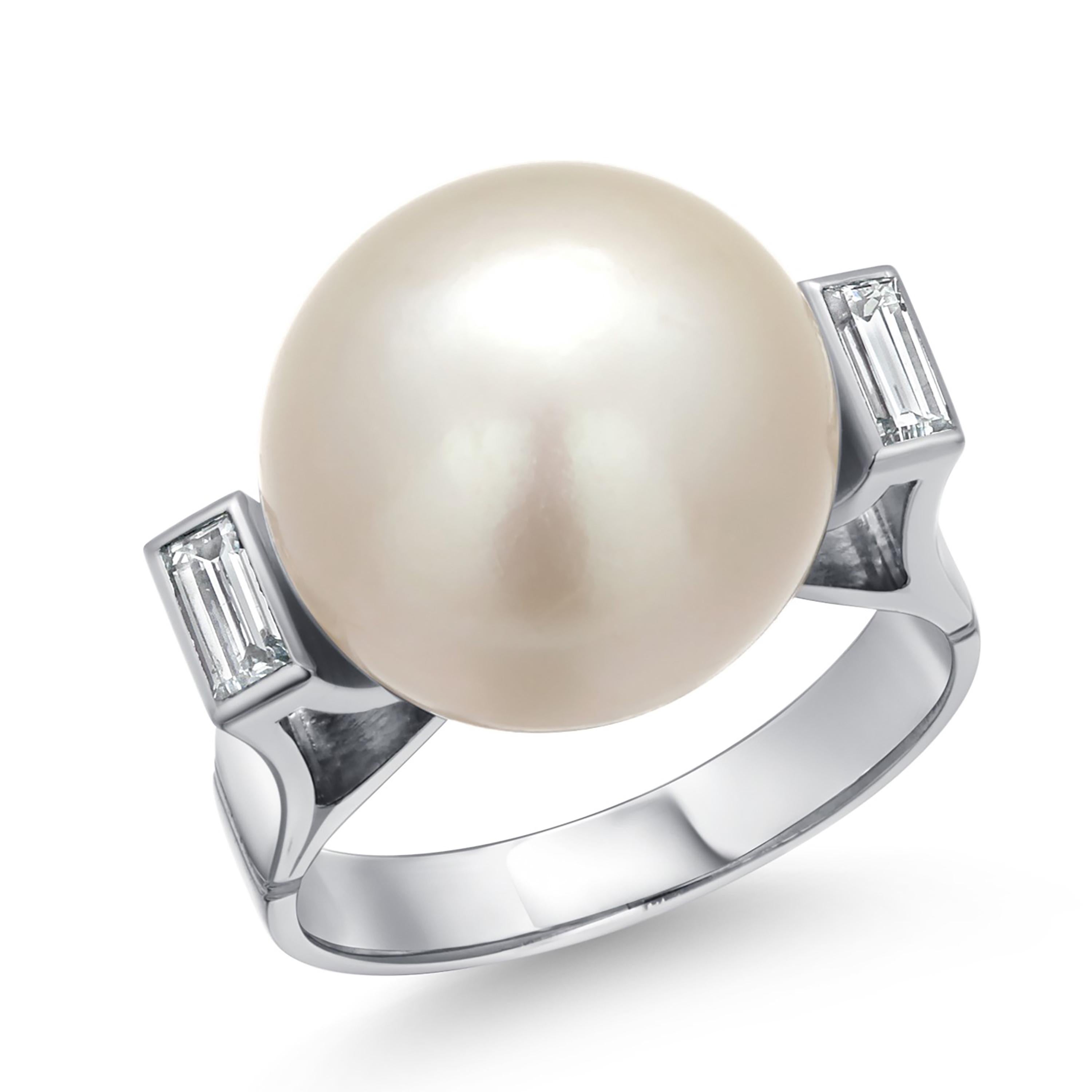Platinum 13mm South Sea Pearl and Baguette Diamond Cocktail Ring 3