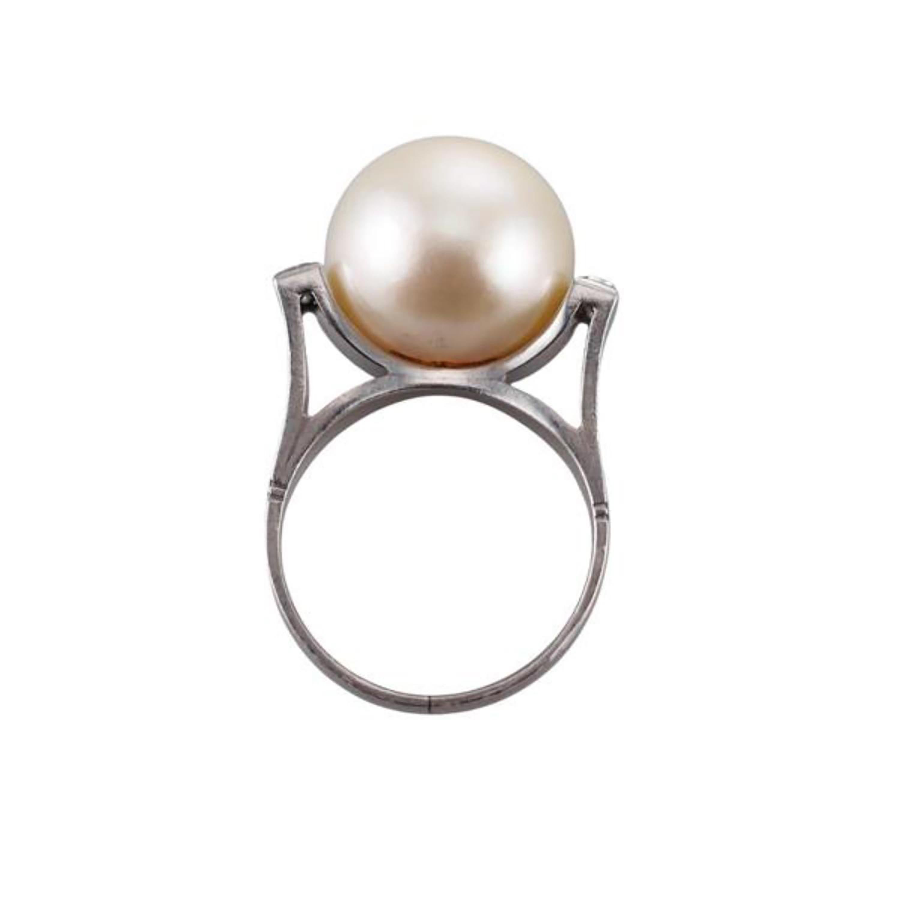 Baguette Cut Platinum 13mm South Sea Pearl and Baguette Diamond Cocktail Ring