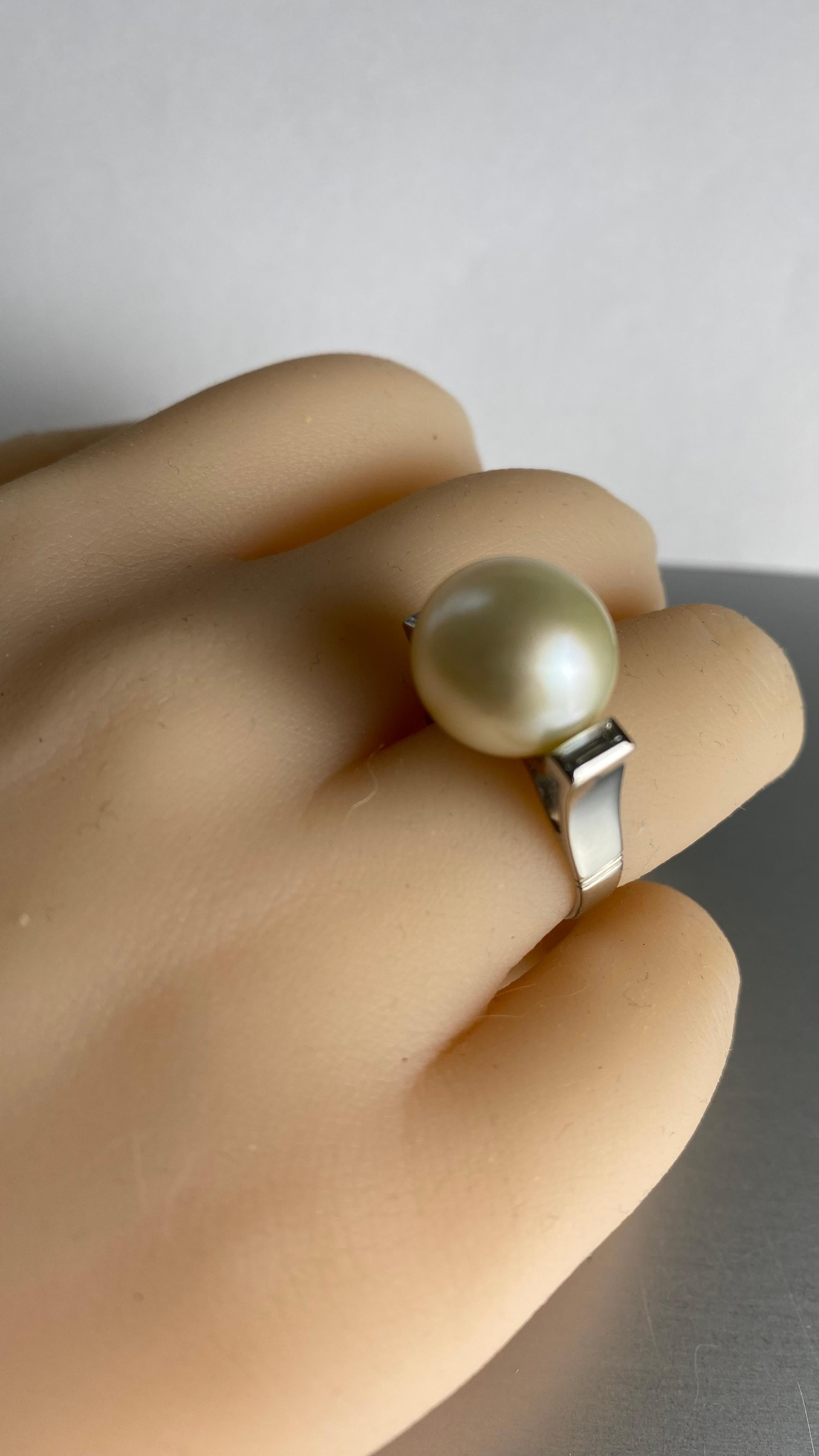 Contemporary Platinum 13mm South Sea Pearl and Baguette Diamond Cocktail Ring