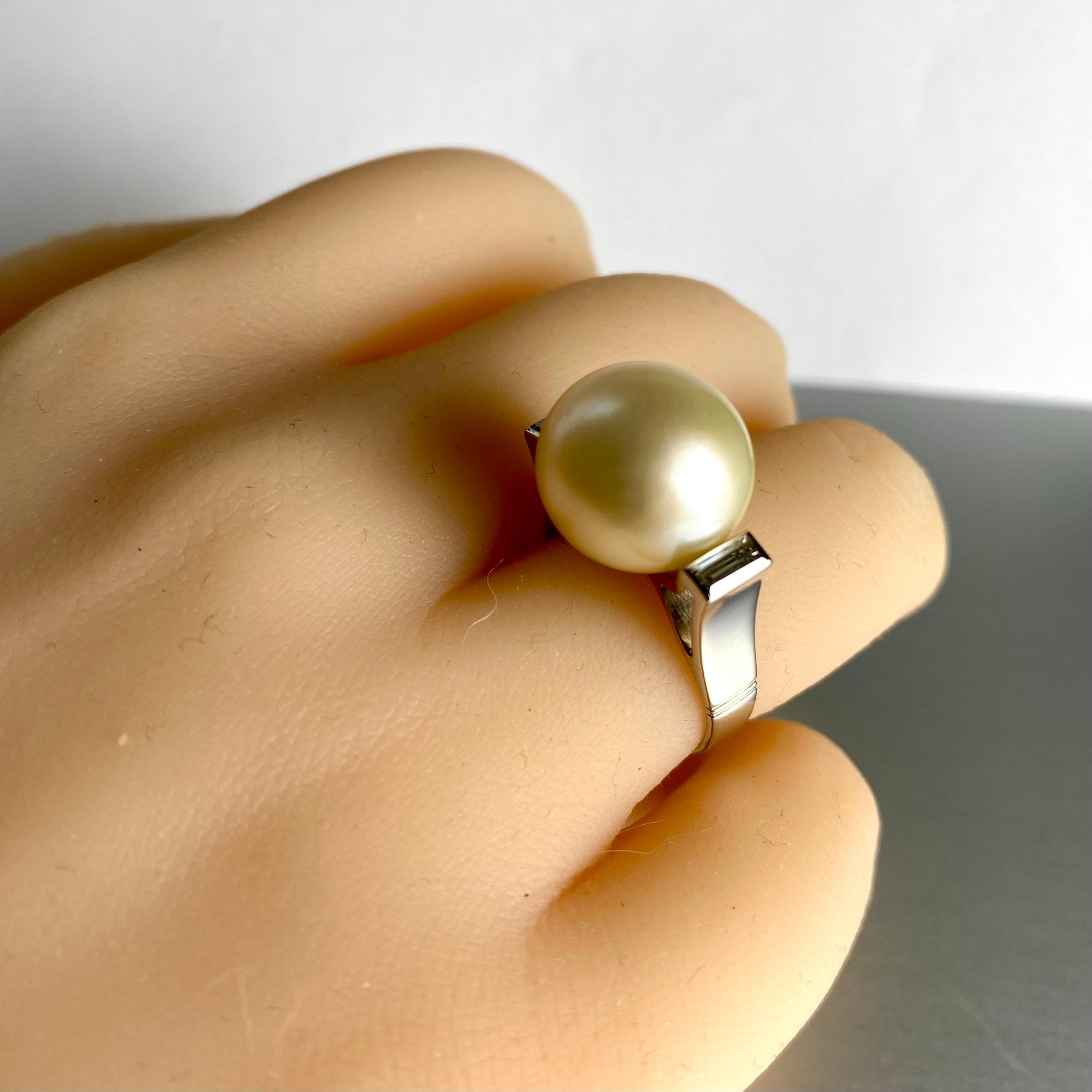 Platinum 13mm South Sea Pearl and Baguette Diamond Cocktail Ring 2