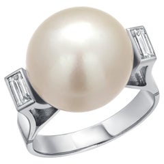 Platinum 13mm South Sea Pearl and Baguette Diamond Cocktail Ring