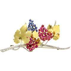 Platinum 14 Karat Gold Ruby Sapphire Diamond Branch with Leaves Brooch