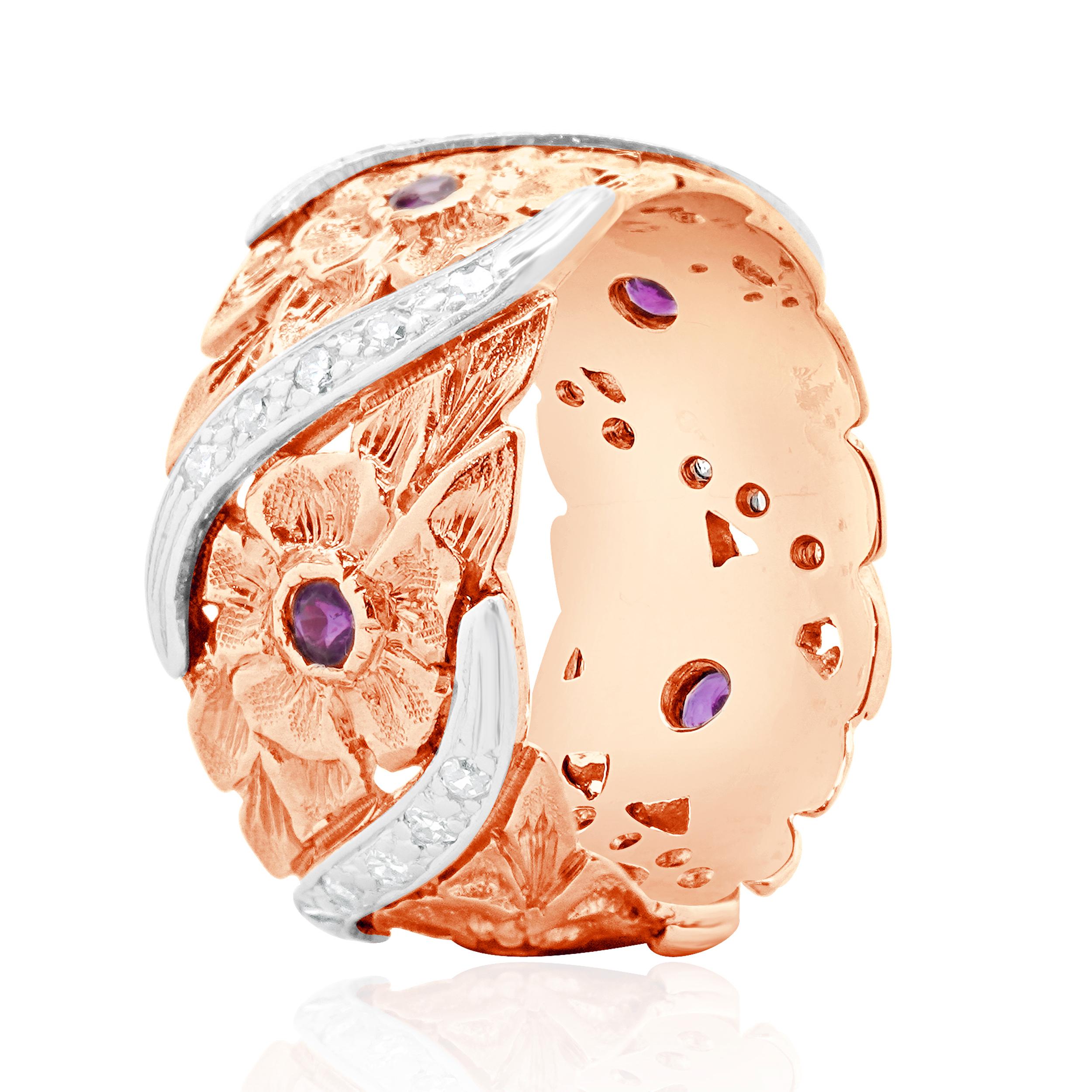 Material: platinum & 14K rose gold
Diamond: 25 round single cut = 0.37cttw
Color: I
Clarity: SI2-I1
Ruby: 5 round cut = 0.35cttw
Ring Size: 8.75 (please allow up to 2 additional business days for sizing requests)
Dimensions: ring top measures
