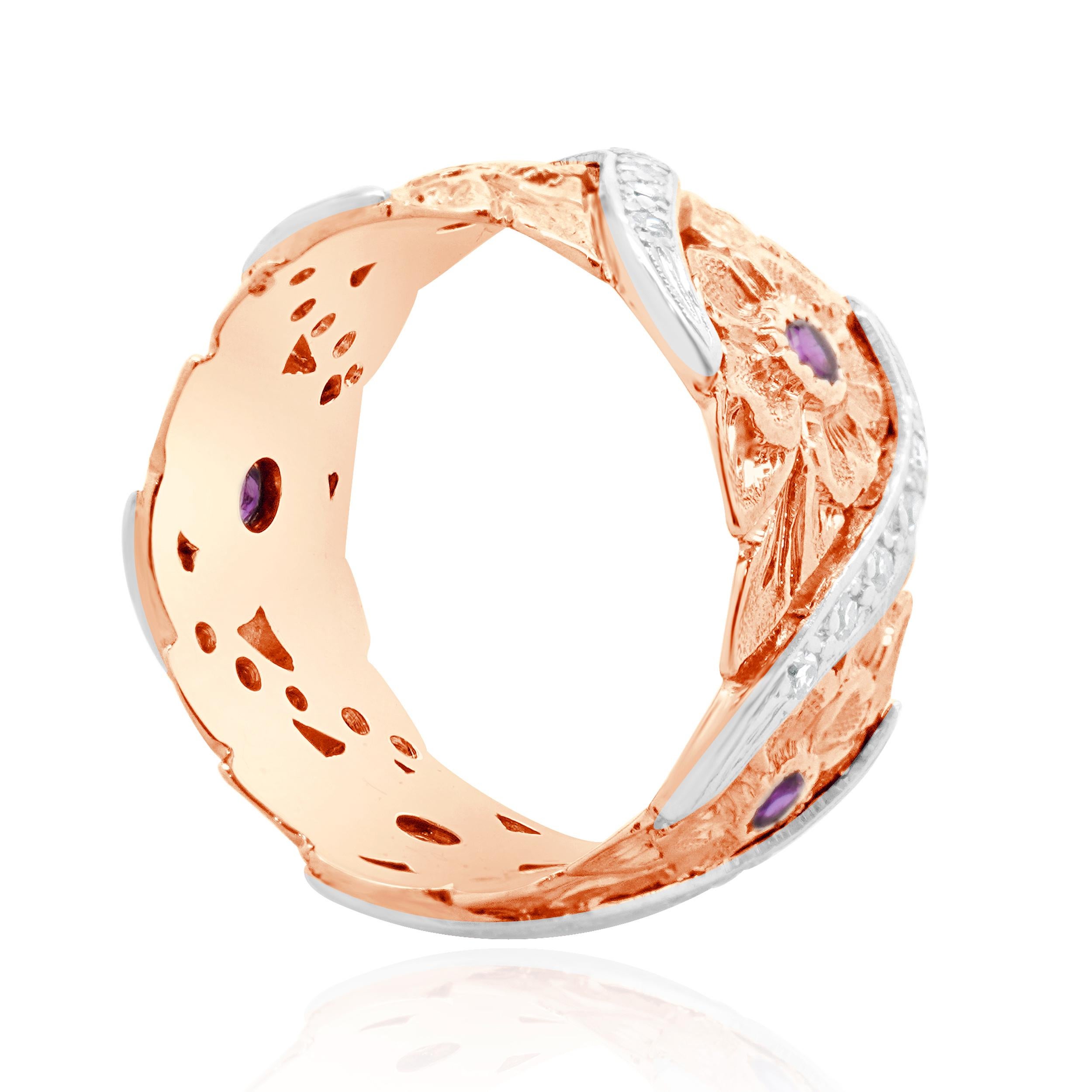 Round Cut Platinum & 14 Karat Rose Gold Ruby and Diamond Flower Band For Sale