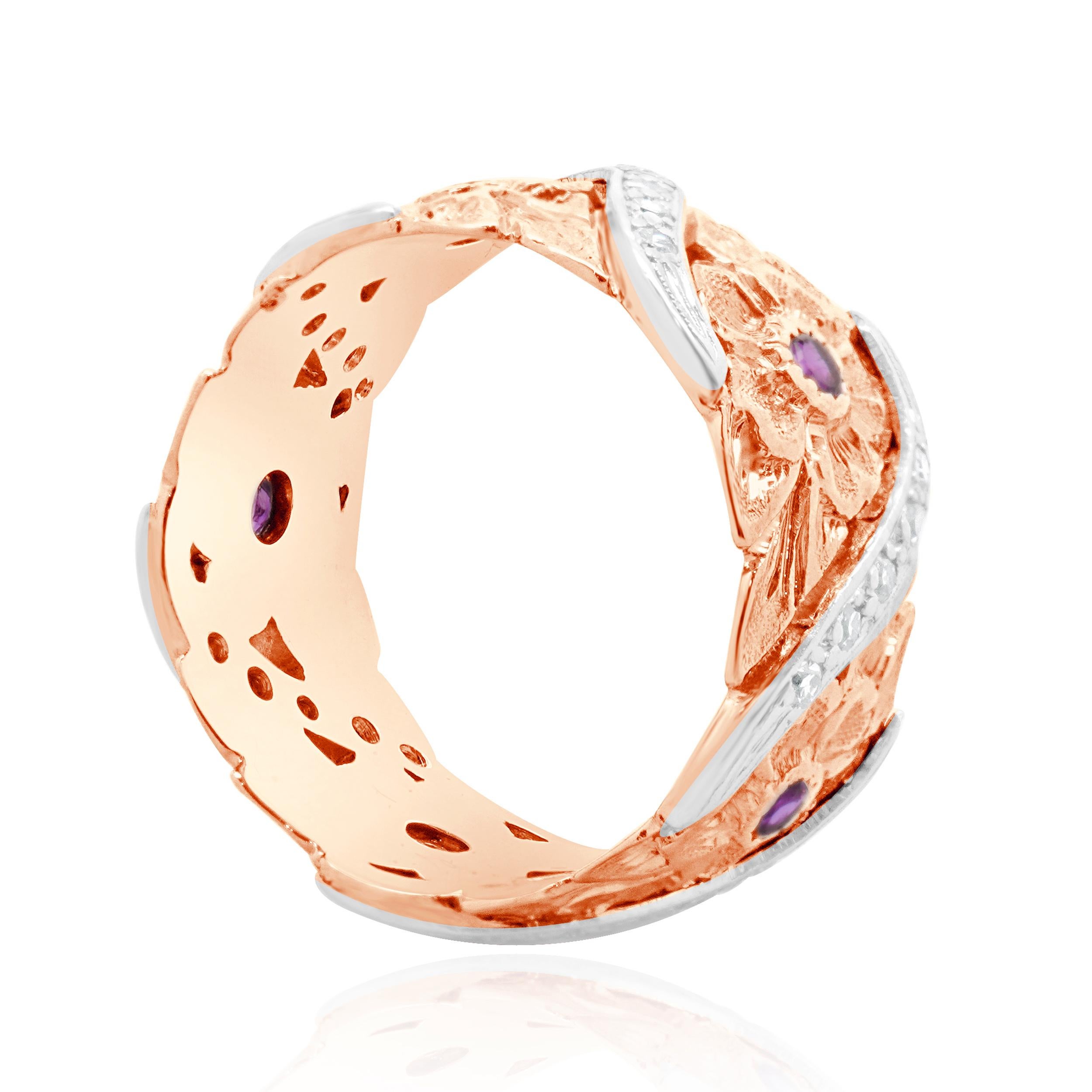 Platinum & 14 Karat Rose Gold Ruby and Diamond Flower Band In Excellent Condition For Sale In Scottsdale, AZ