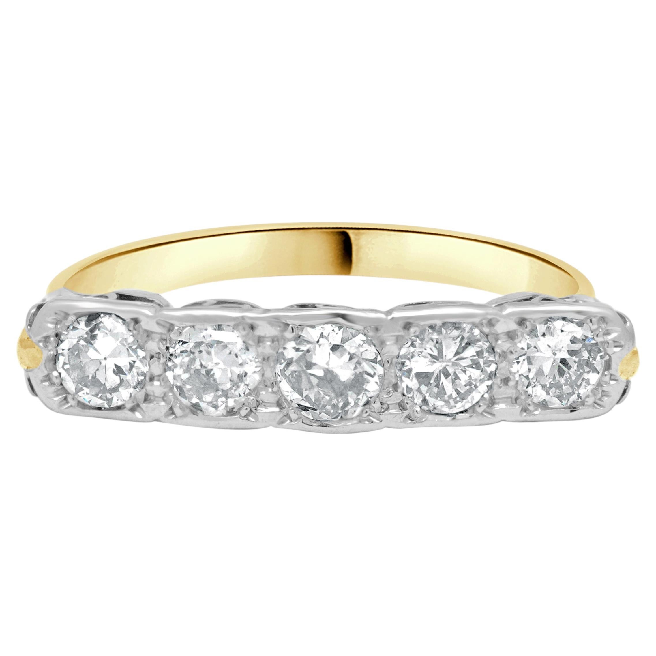 Platinum & 14 Karat Yellow Gold 5 Diamond Ring