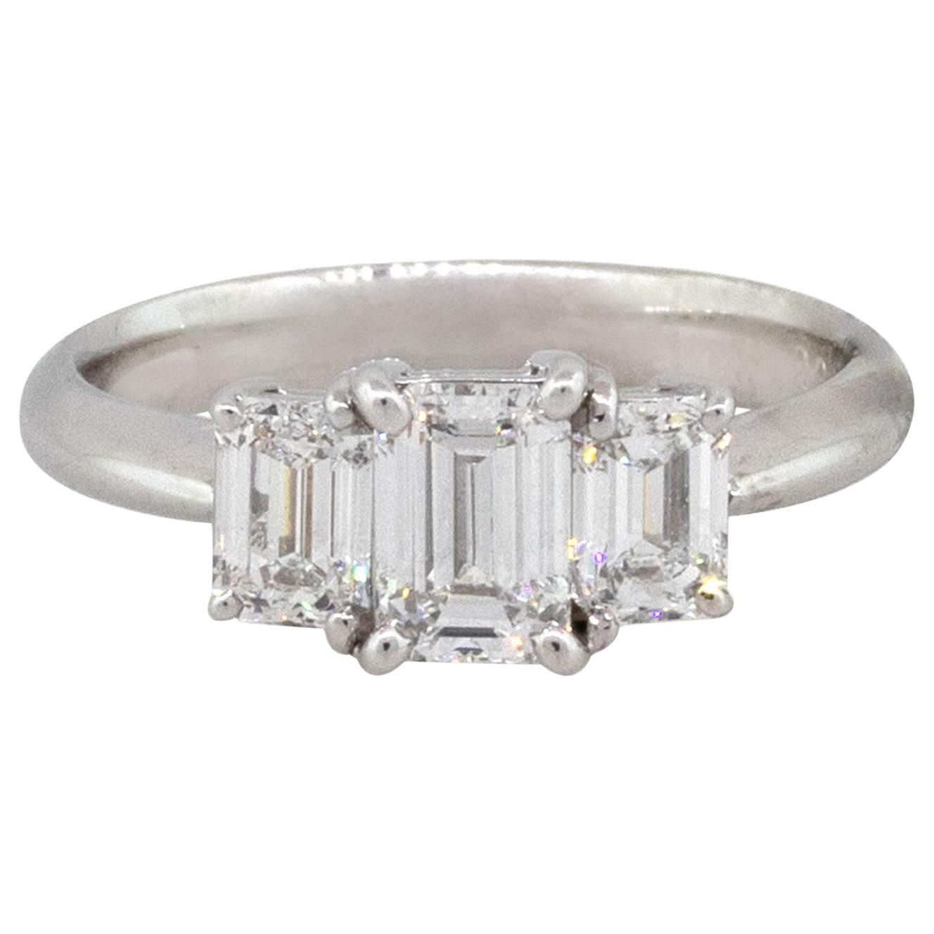 Platinum 1.41 Carat Emerald Cut Diamond Three-Stone Engagement Ring