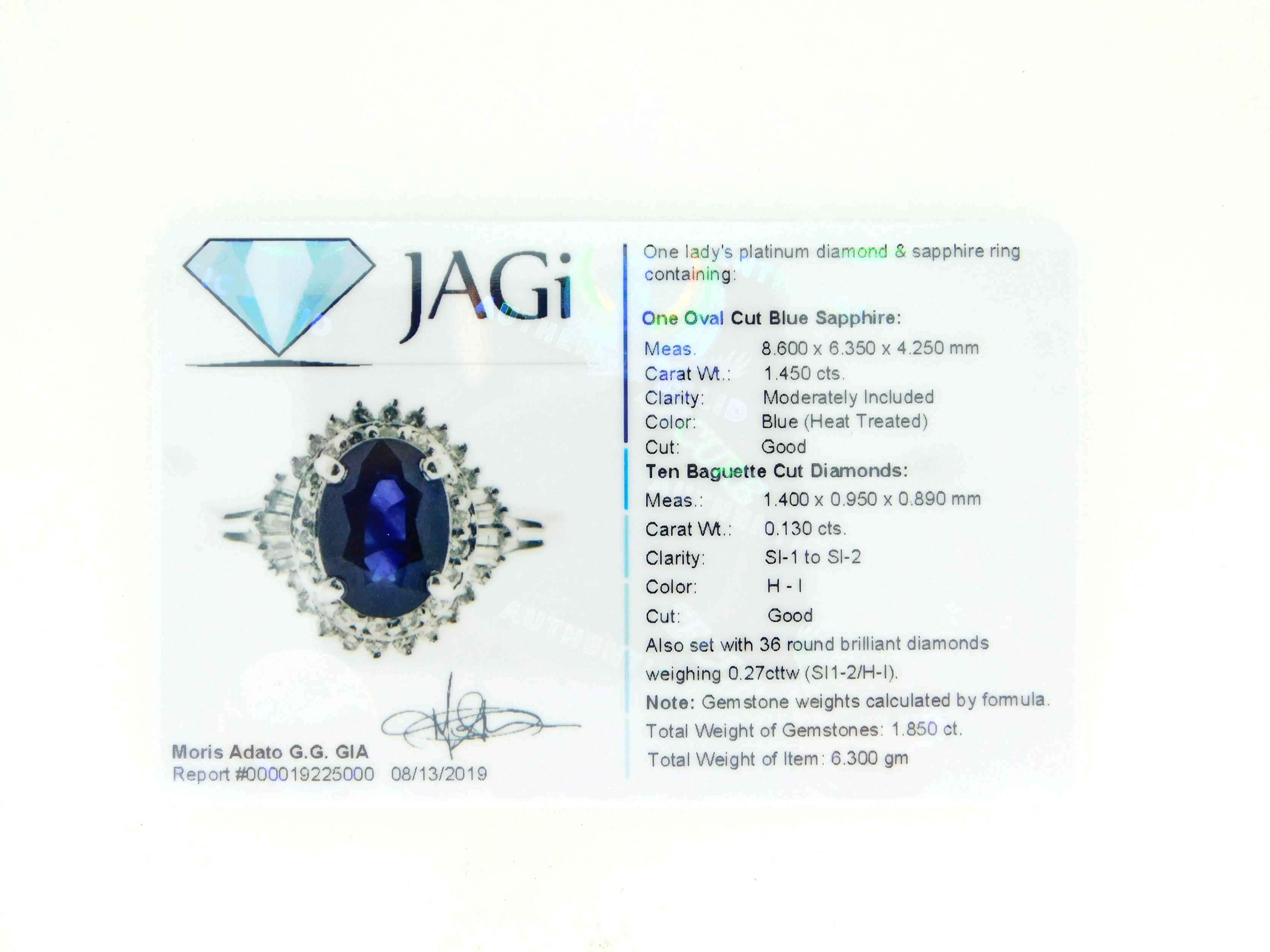 Platinum 1.42ct Blue Sapphire and Diamond Ring For Sale 3
