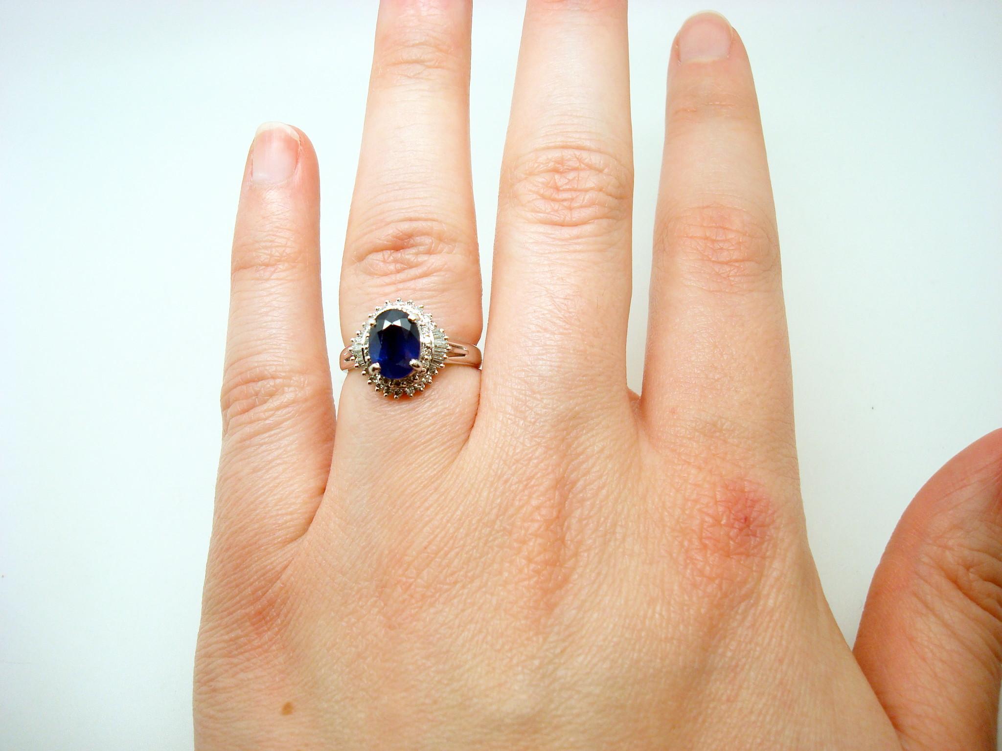 Baguette Cut Platinum 1.42ct Blue Sapphire and Diamond Ring For Sale