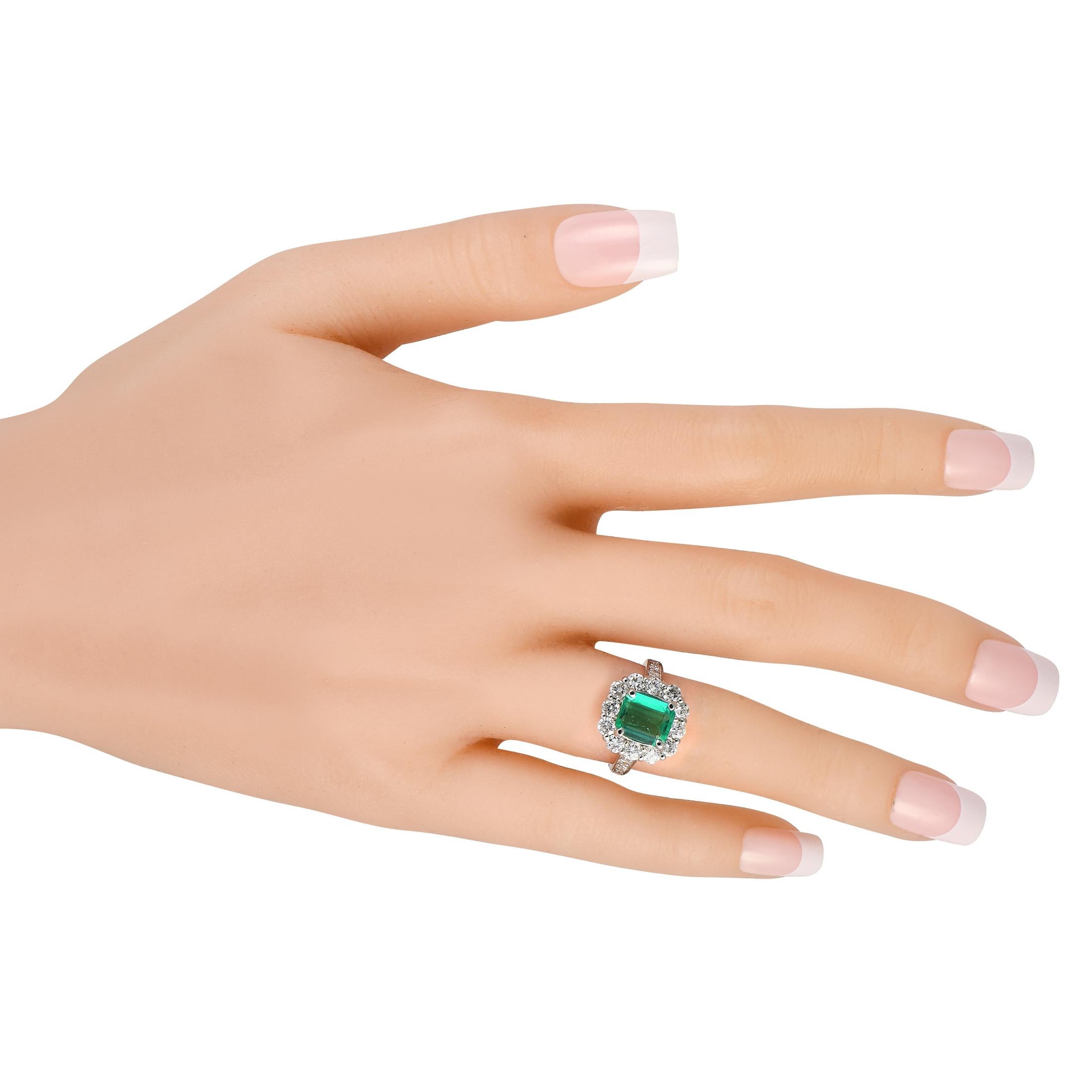 Round Cut Platinum 1.42ct Diamond and Emerald Engagement Ring