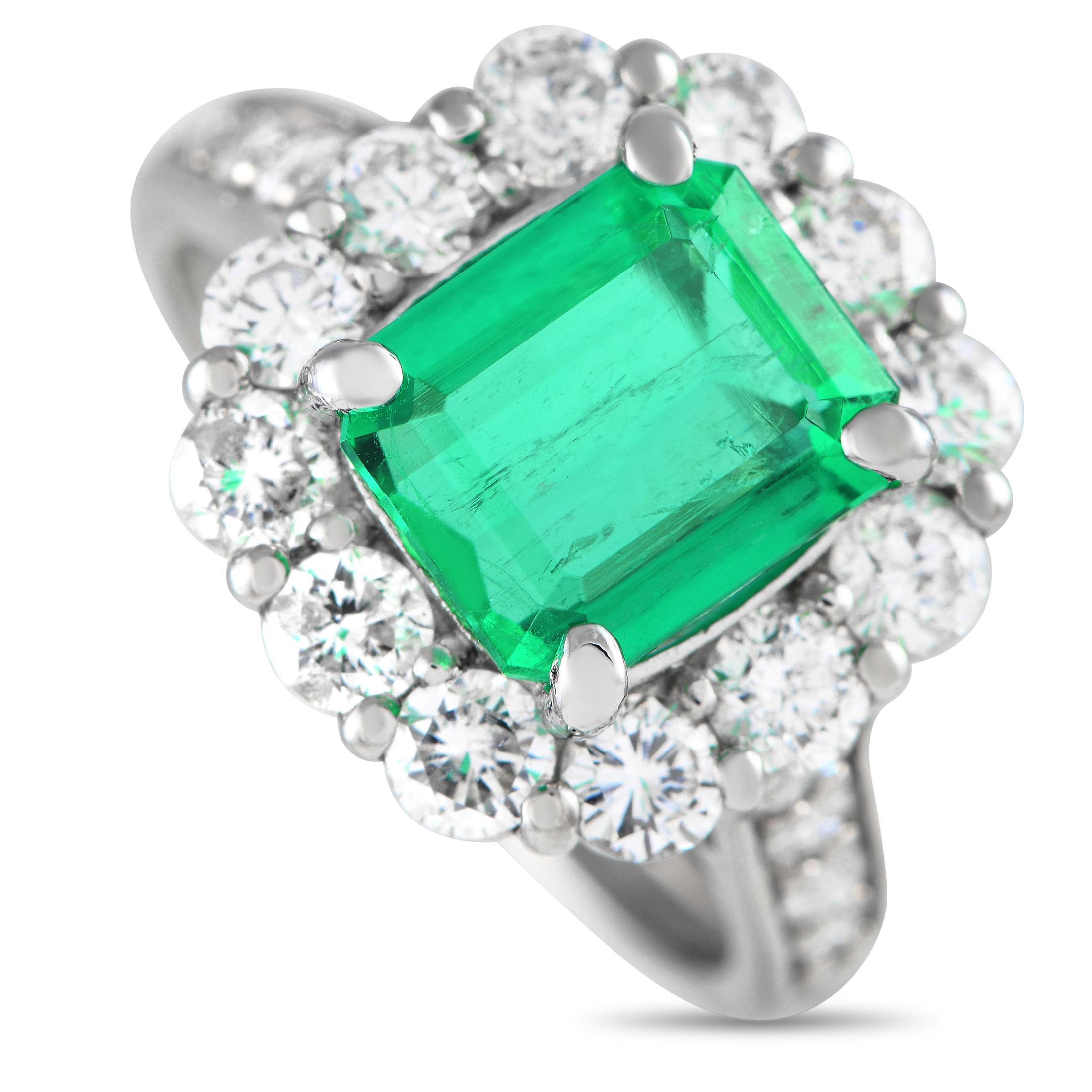 Platinum 1.42ct Diamond and Emerald Engagement Ring In Excellent Condition In Southampton, PA