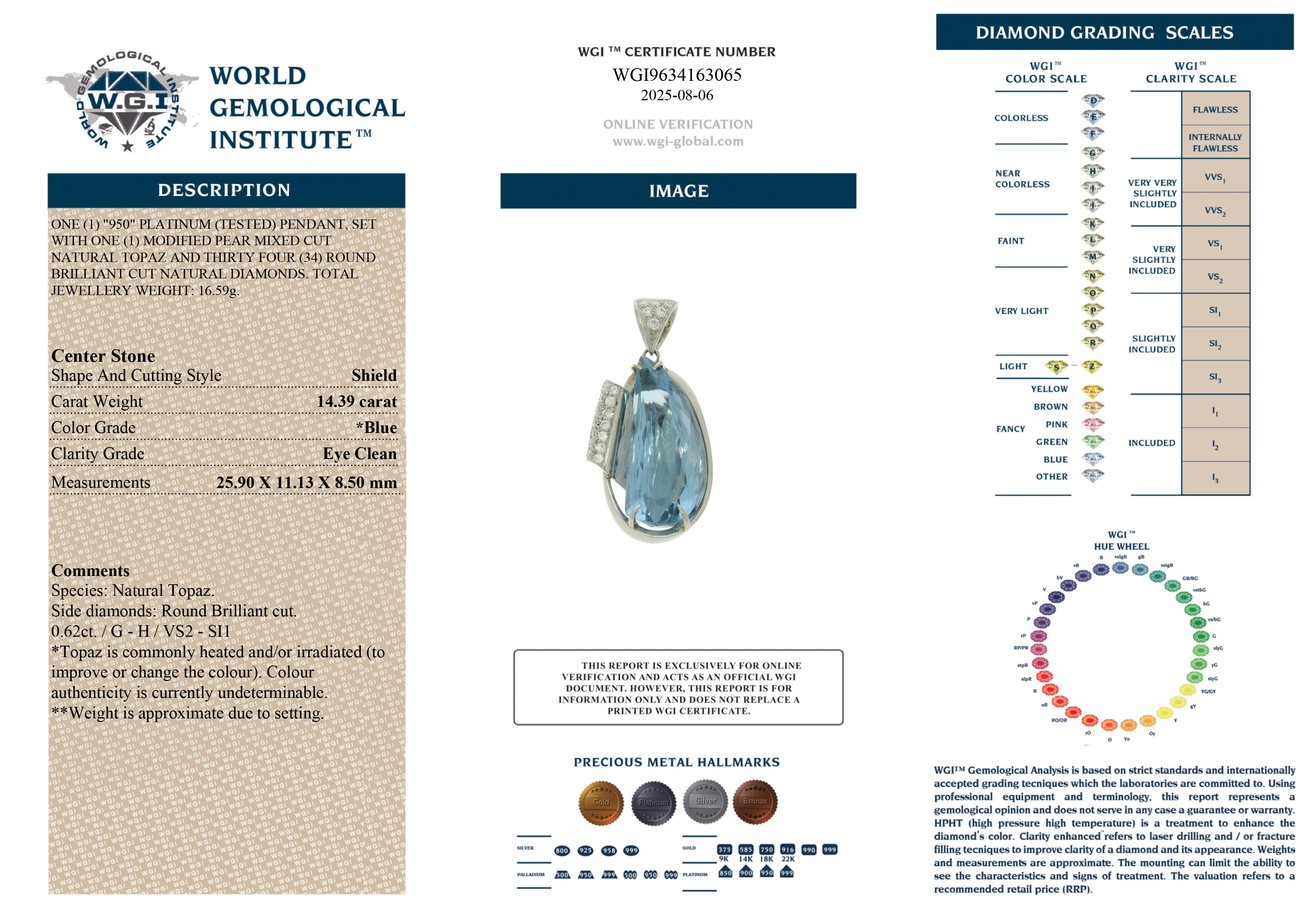 Pear Cut Platinum 14.39 carats half drop shaped Aquamarine pendant, WGI certified For Sale