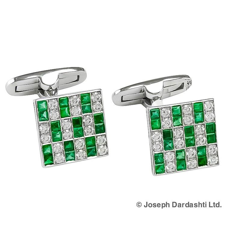 Platinum set cufflinks with diamonds weighing 0.81 carat and green emeralds weighing 1.45 carat. 

Sophia D by Joseph Dardashti LTD has been known worldwide for 35 years and are inspired by classic Art Deco design that merges with modern