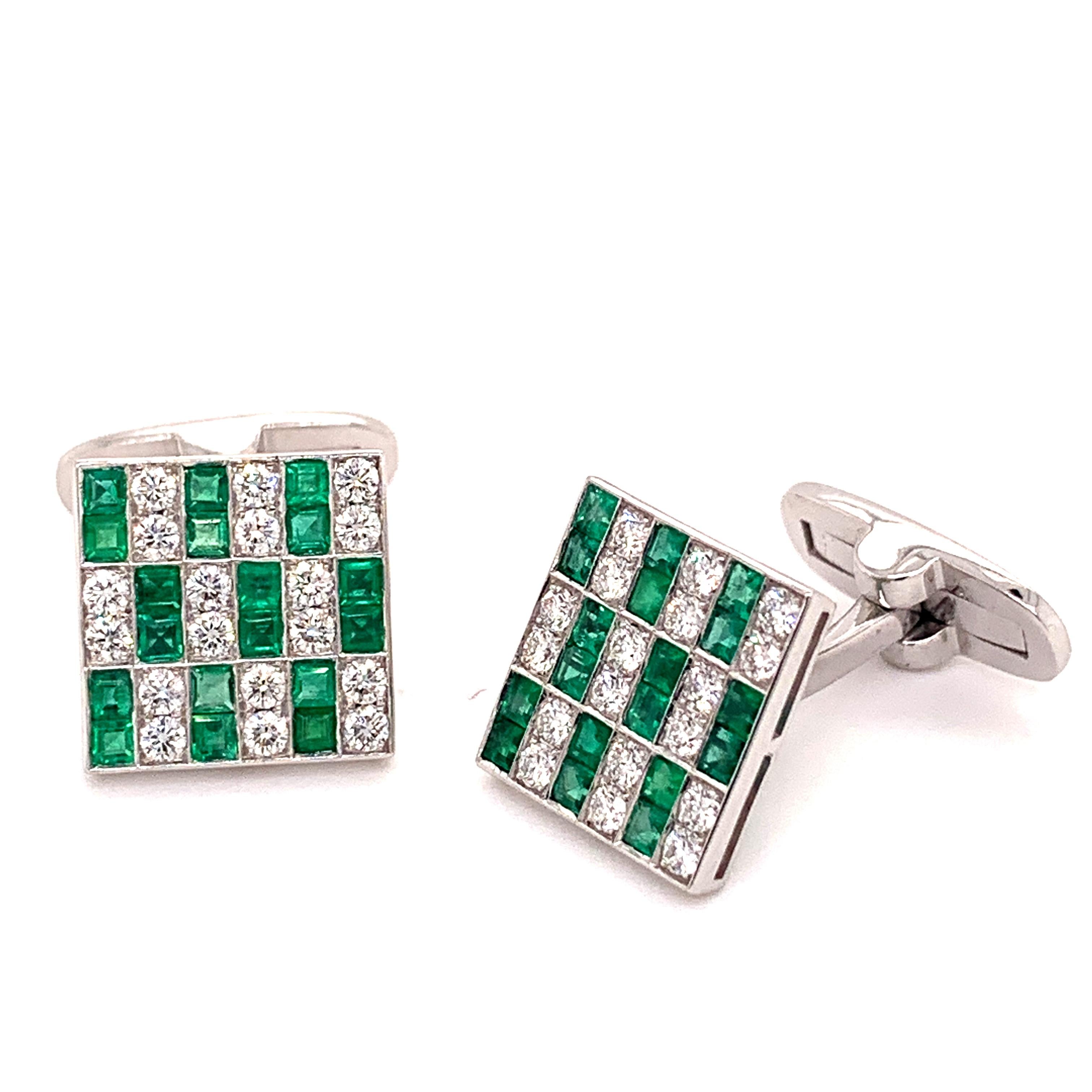 Round Cut Sophia D. 1.45 Carat Emerald and Diamonds Cufflinks For Sale