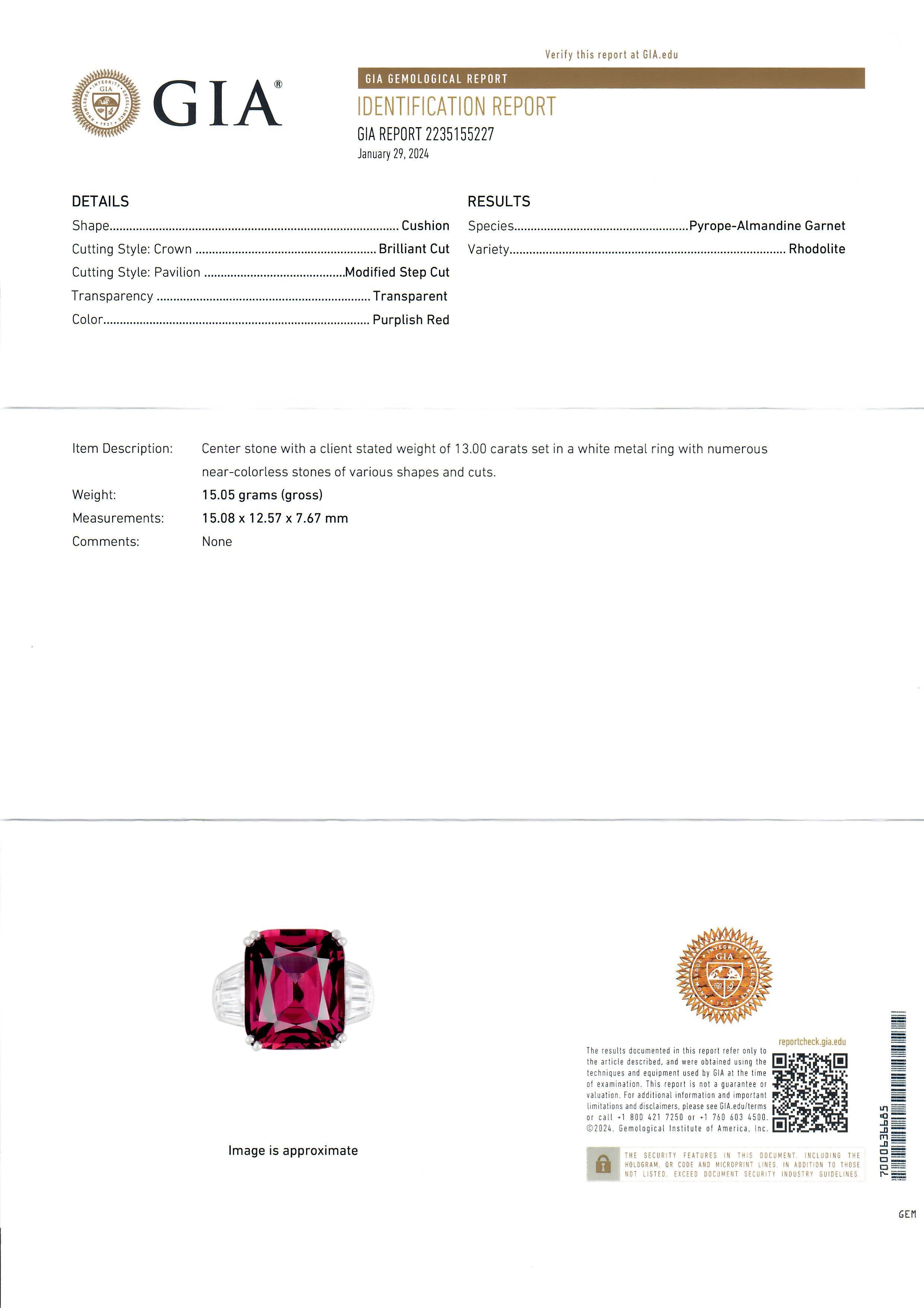 Platinum 14.50ctw GIA Cushion Rhodolite Garnet Solitaire & Diamond Accents Ring For Sale 6